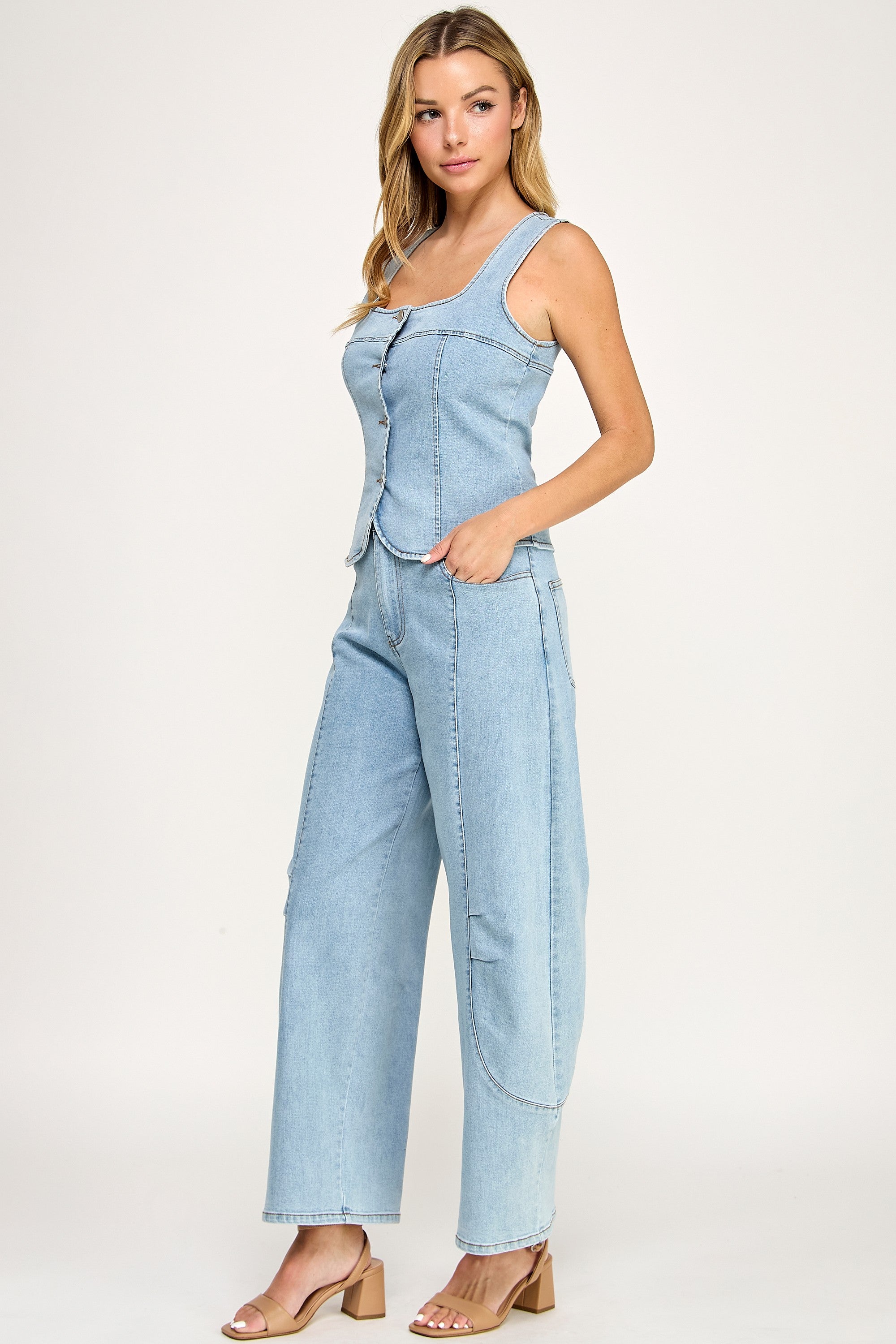 Denim Vest And Contrast White Waist Pants Set