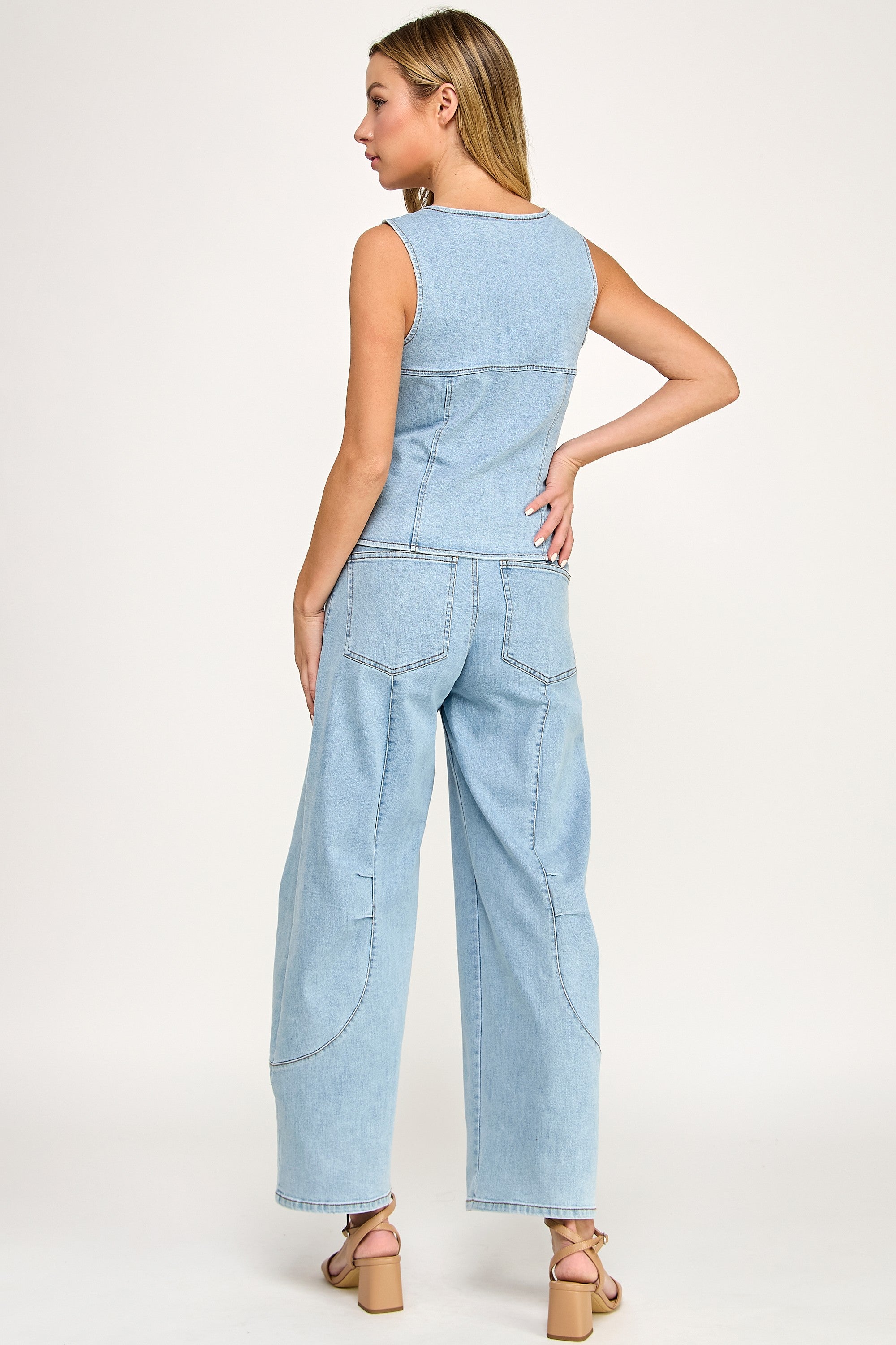 Denim Vest And Contrast White Waist Pants Set