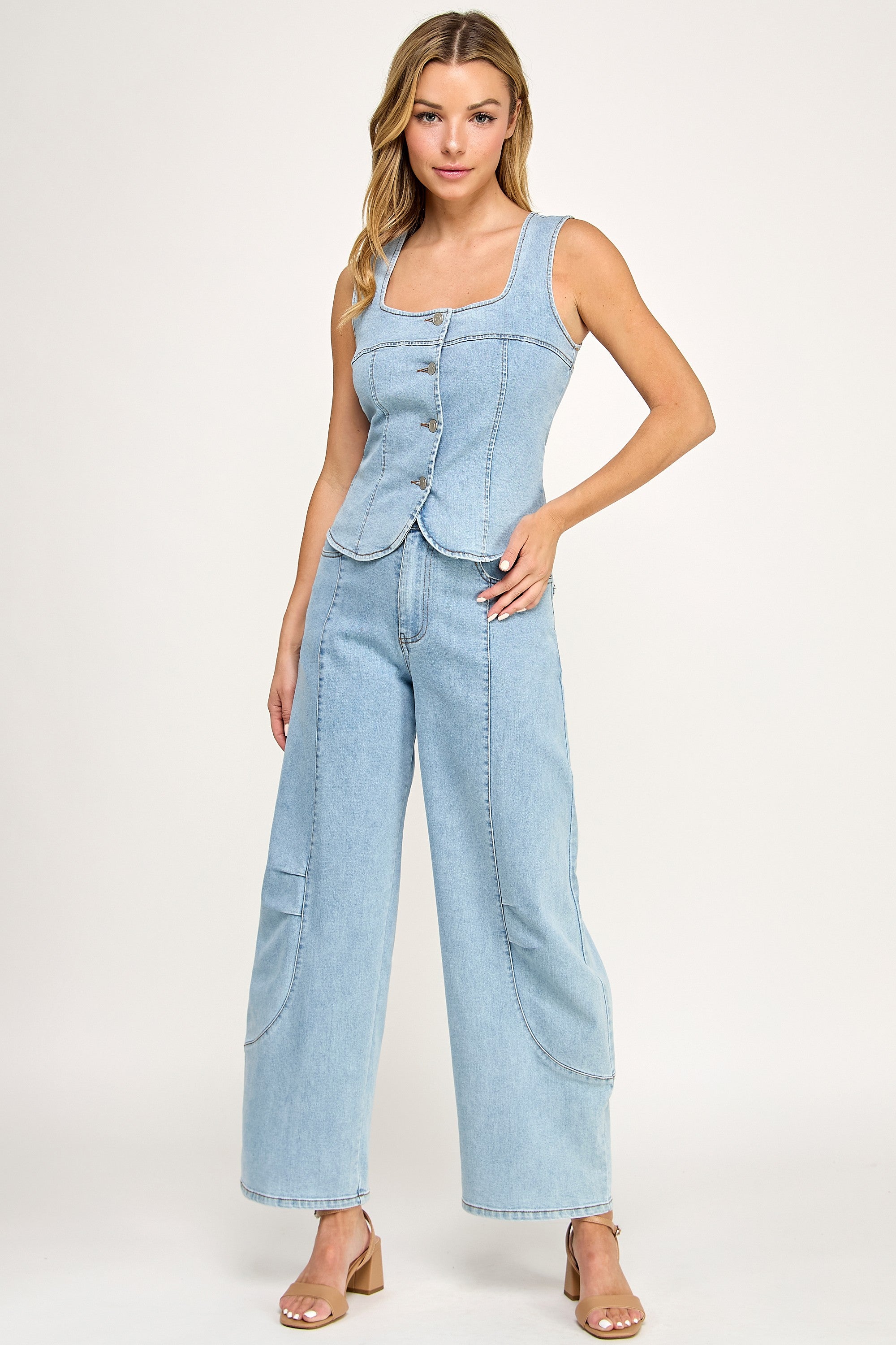 Denim Vest And Contrast White Waist Pants Set