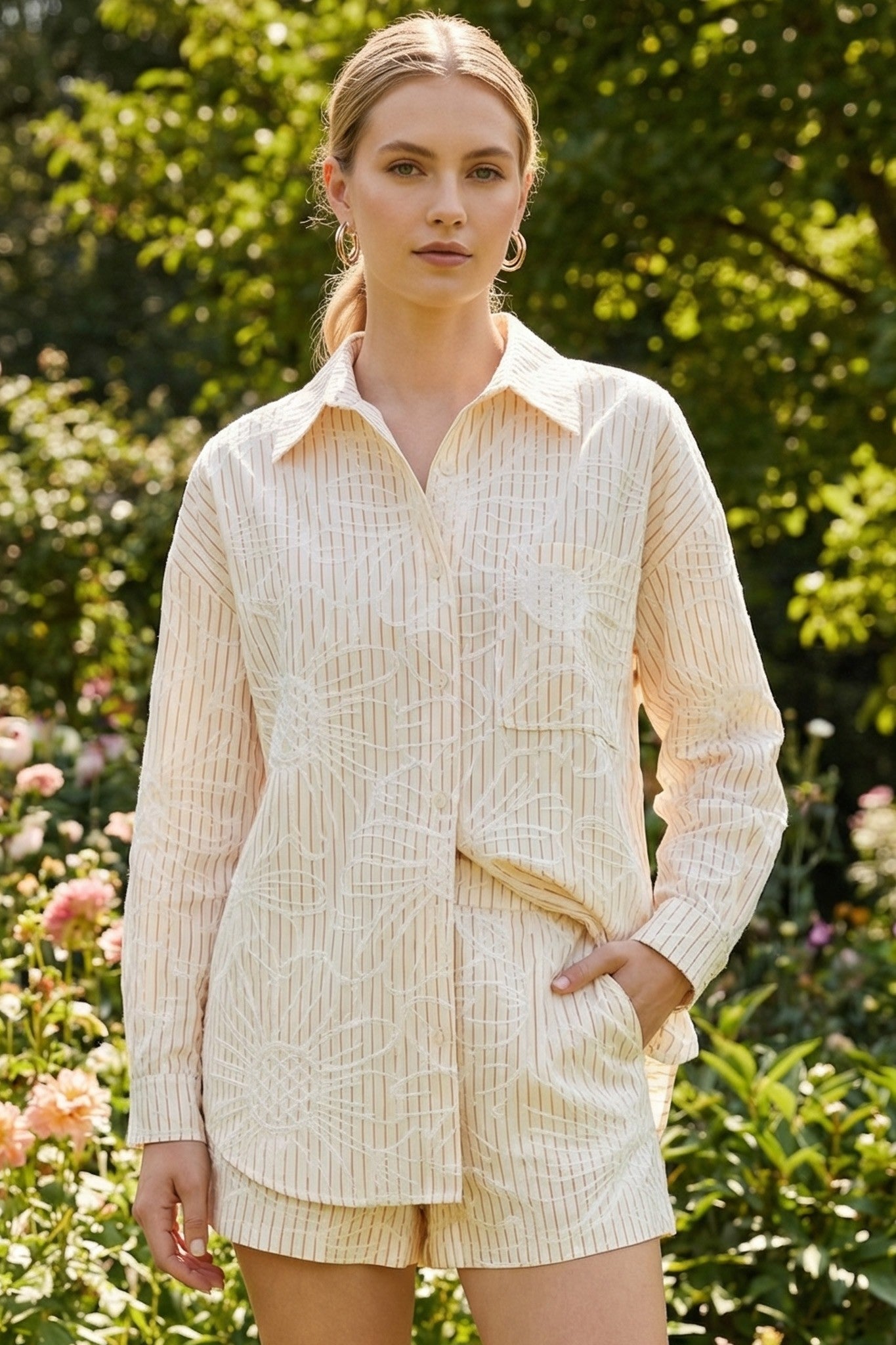 Embroidered Long-sleeved Top, Short Pants Set