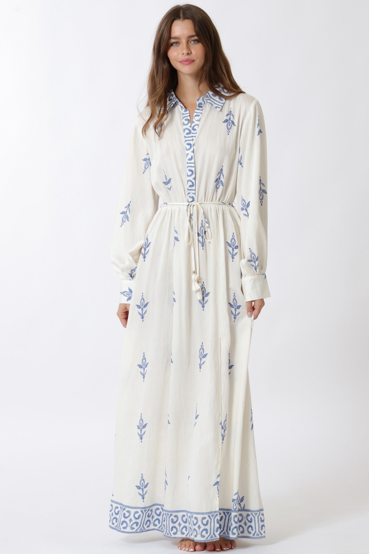 Collar Neck Long Sleeve Maxi Dress