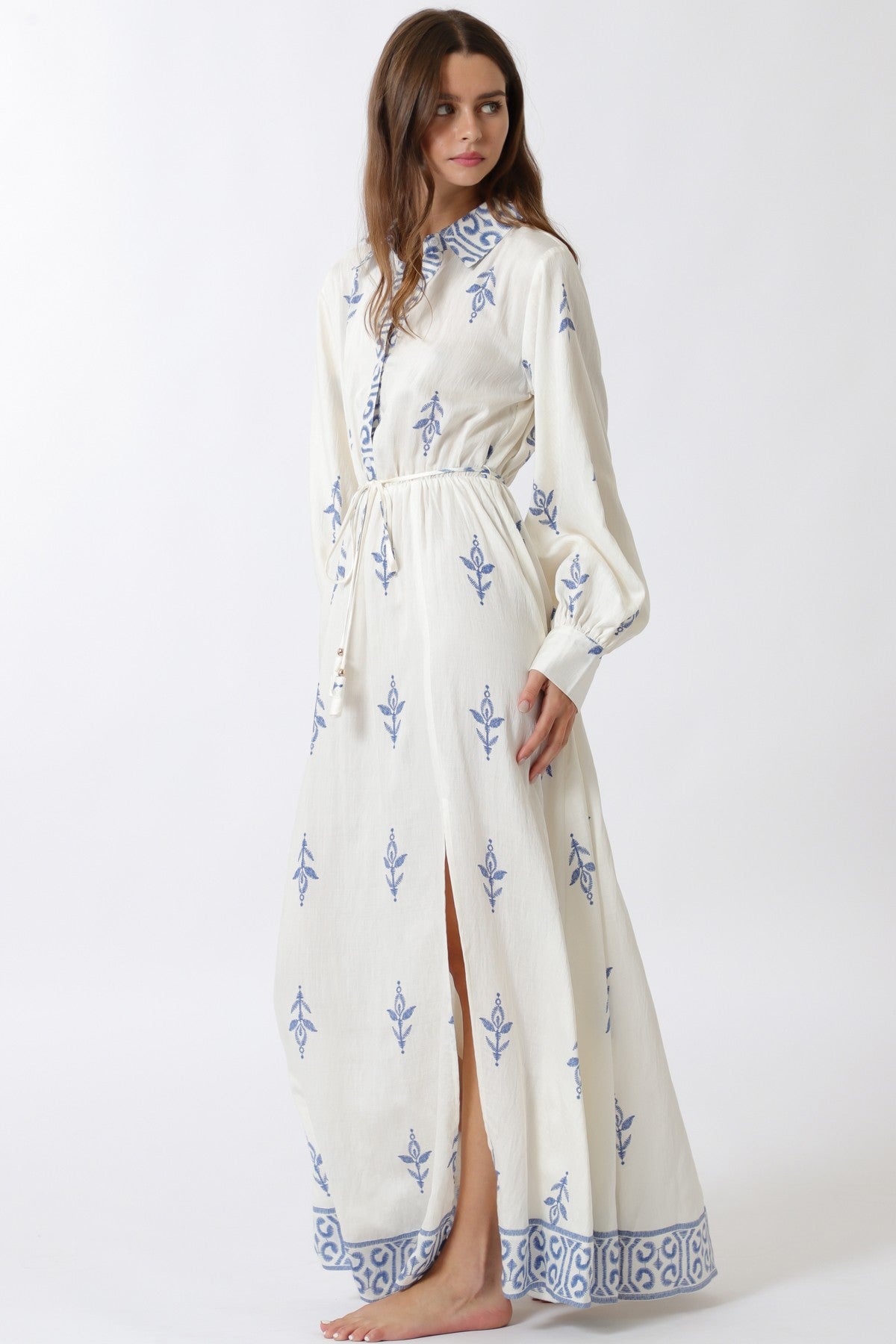 Collar Neck Long Sleeve Maxi Dress