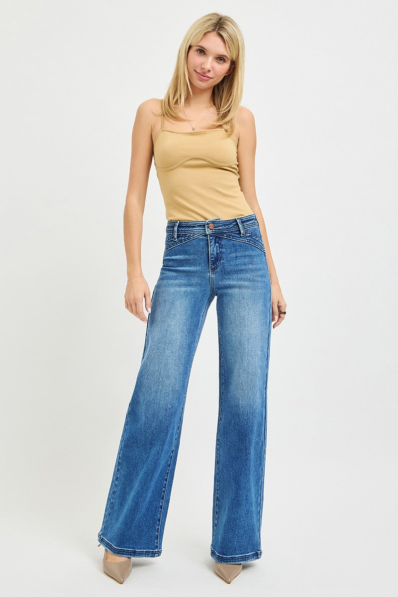 High Rise Wide Leg Waist Detail Jeans