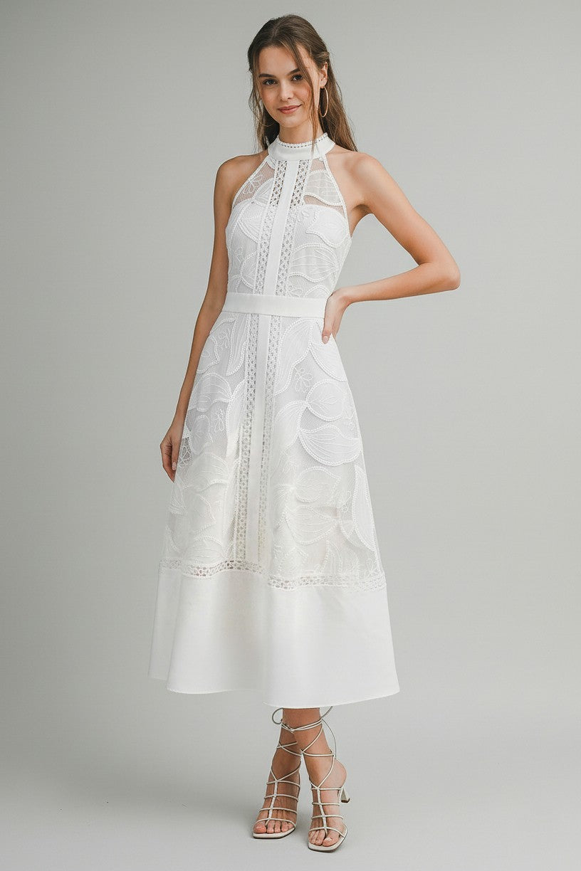 High Neck Lace Midi Dress
