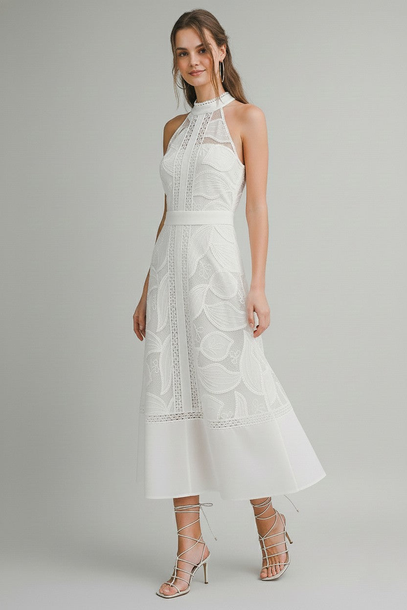 High Neck Lace Midi Dress