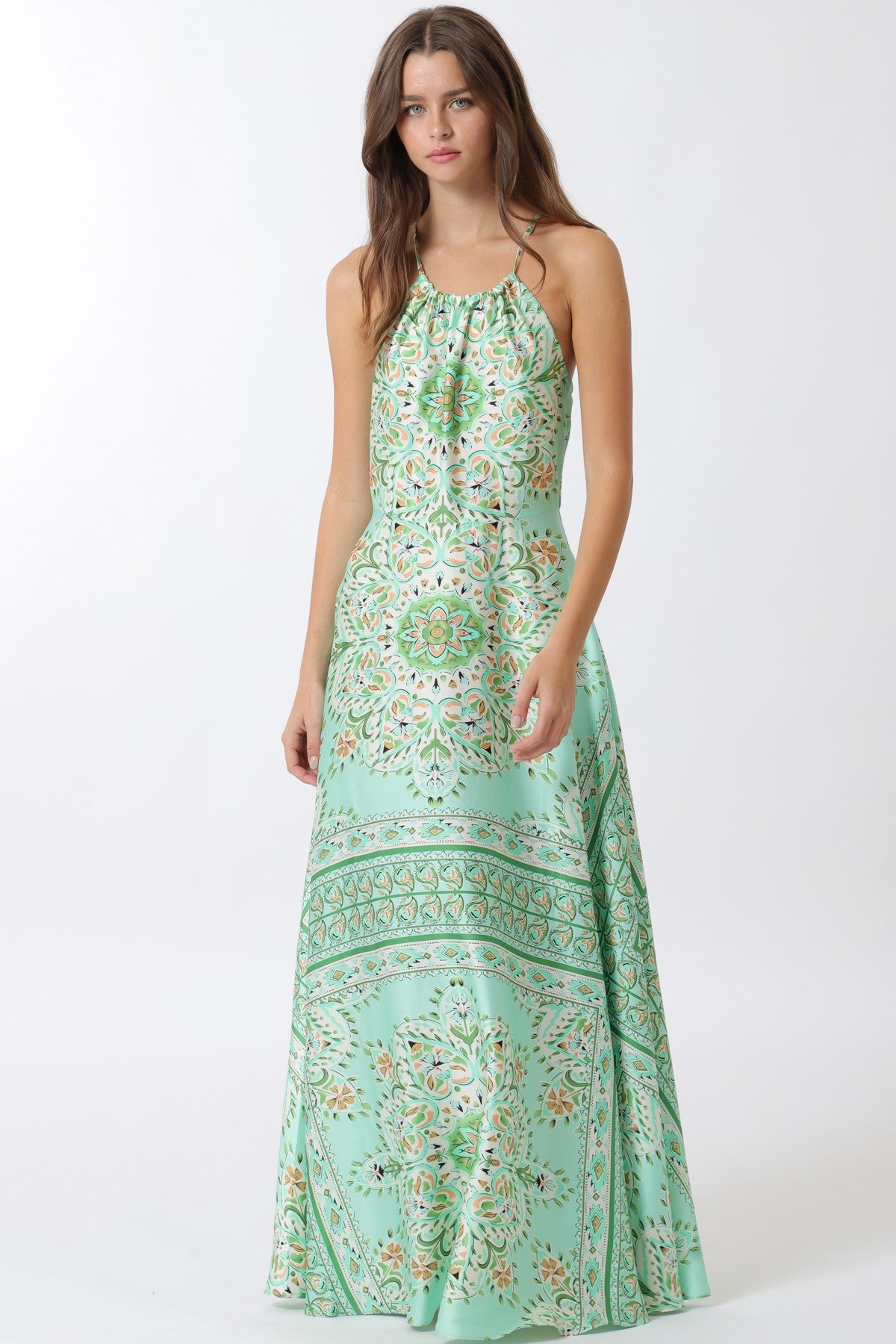 Halter Print Cross Back Maxi Dress