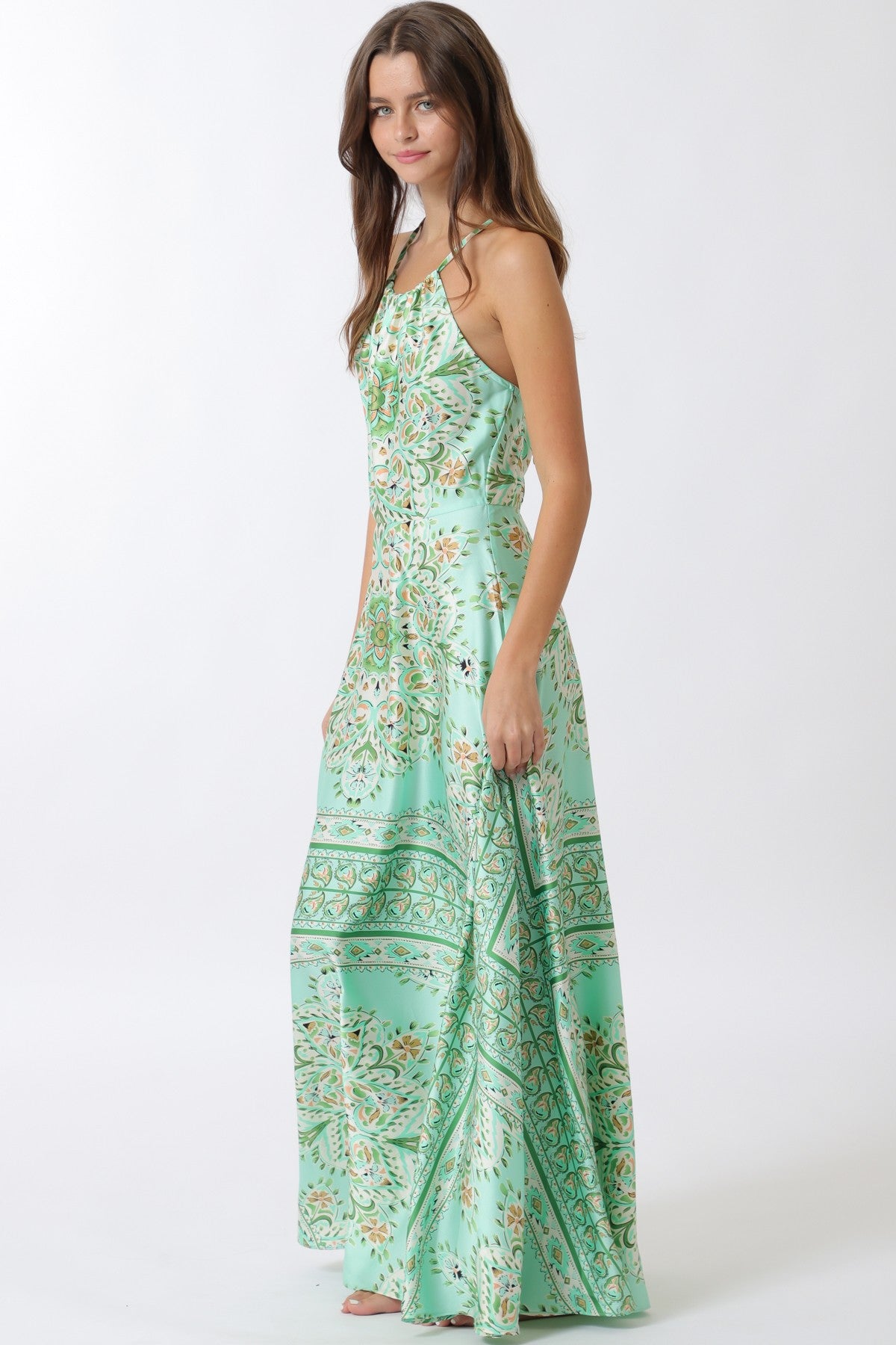 Halter Print Cross Back Maxi Dress