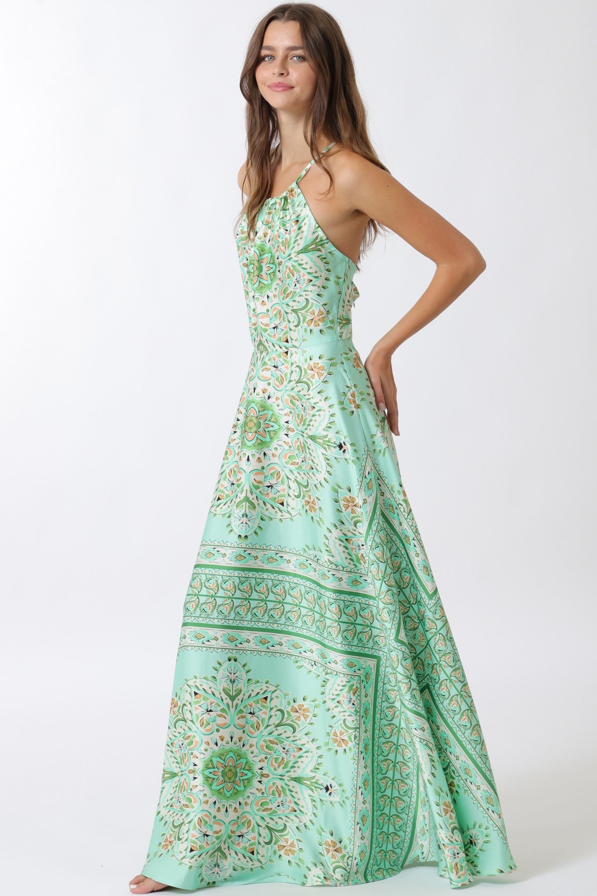 Halter Print Cross Back Maxi Dress