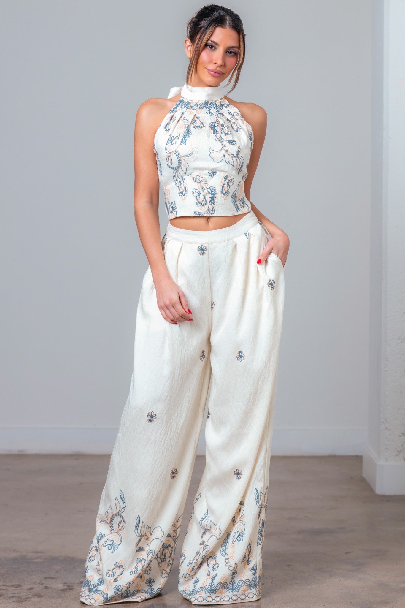 Embroidered Halter Top And Pants Set