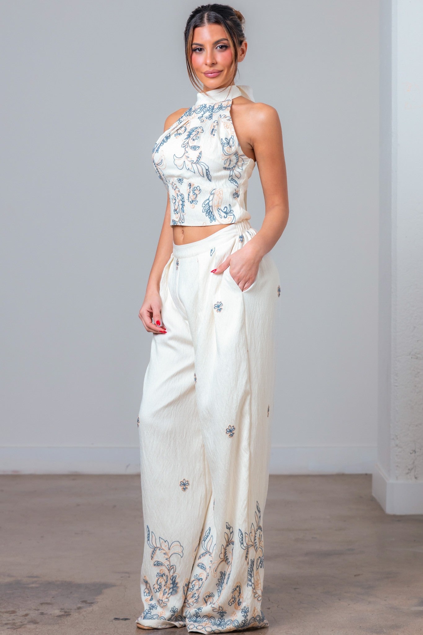 Embroidered Halter Top And Pants Set