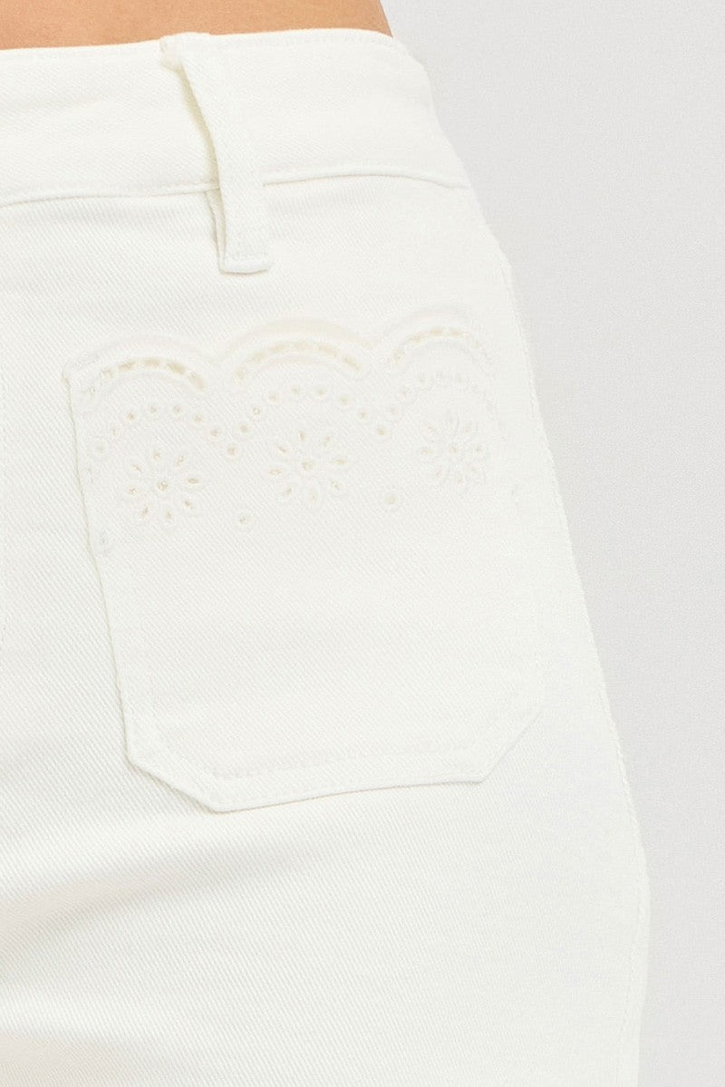 High Rise Scalloped Eyelet Embroidered Pockets