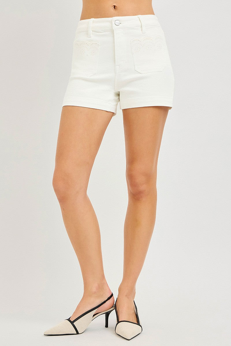 High Rise Scalloped Eyelet Embroidered Pockets