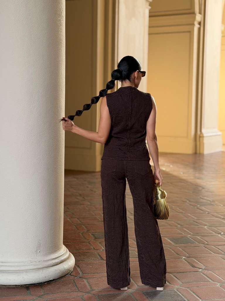 Embroider Sleeveless Vest & Wide Leg Pants Set