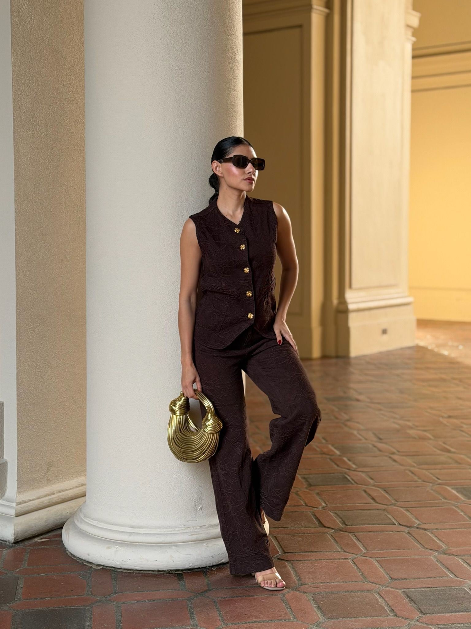 Embroider Sleeveless Vest & Wide Leg Pants Set