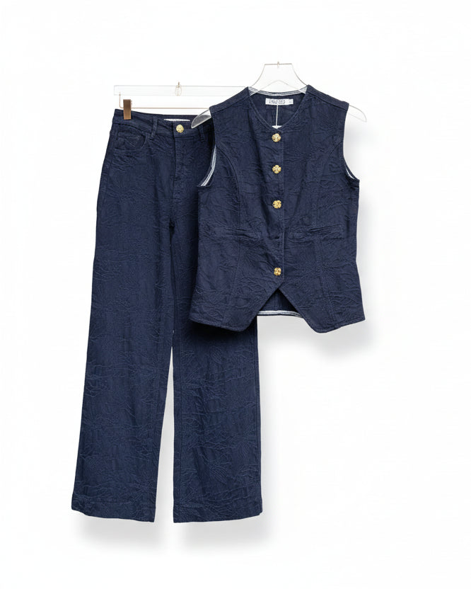 Embroider Sleeveless Vest & Wide Leg Pants Set