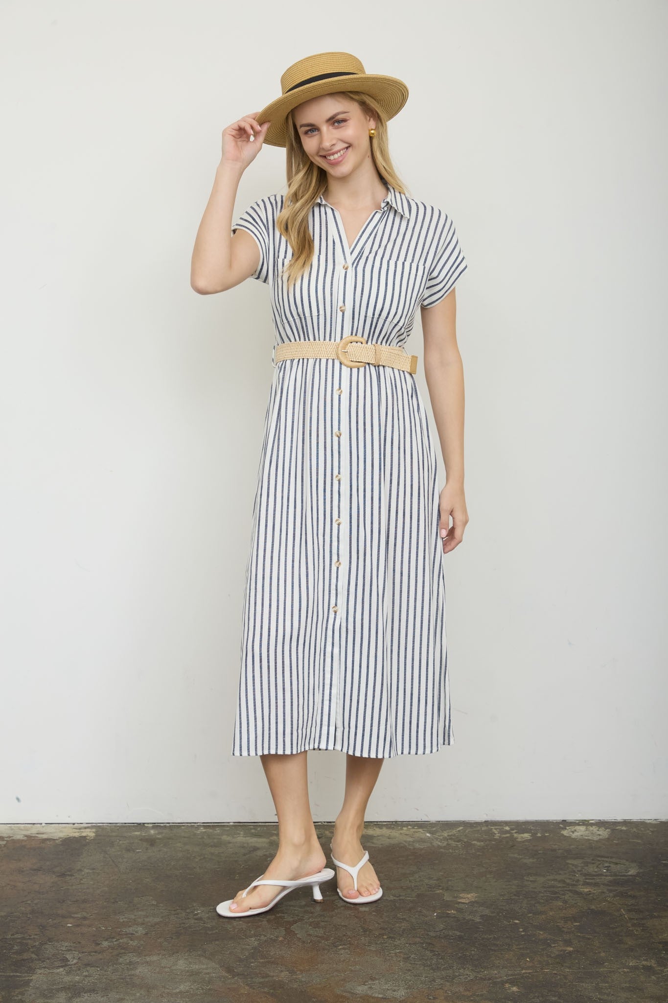 Stripe Collared Short Sleeve Belted Shirt Dress