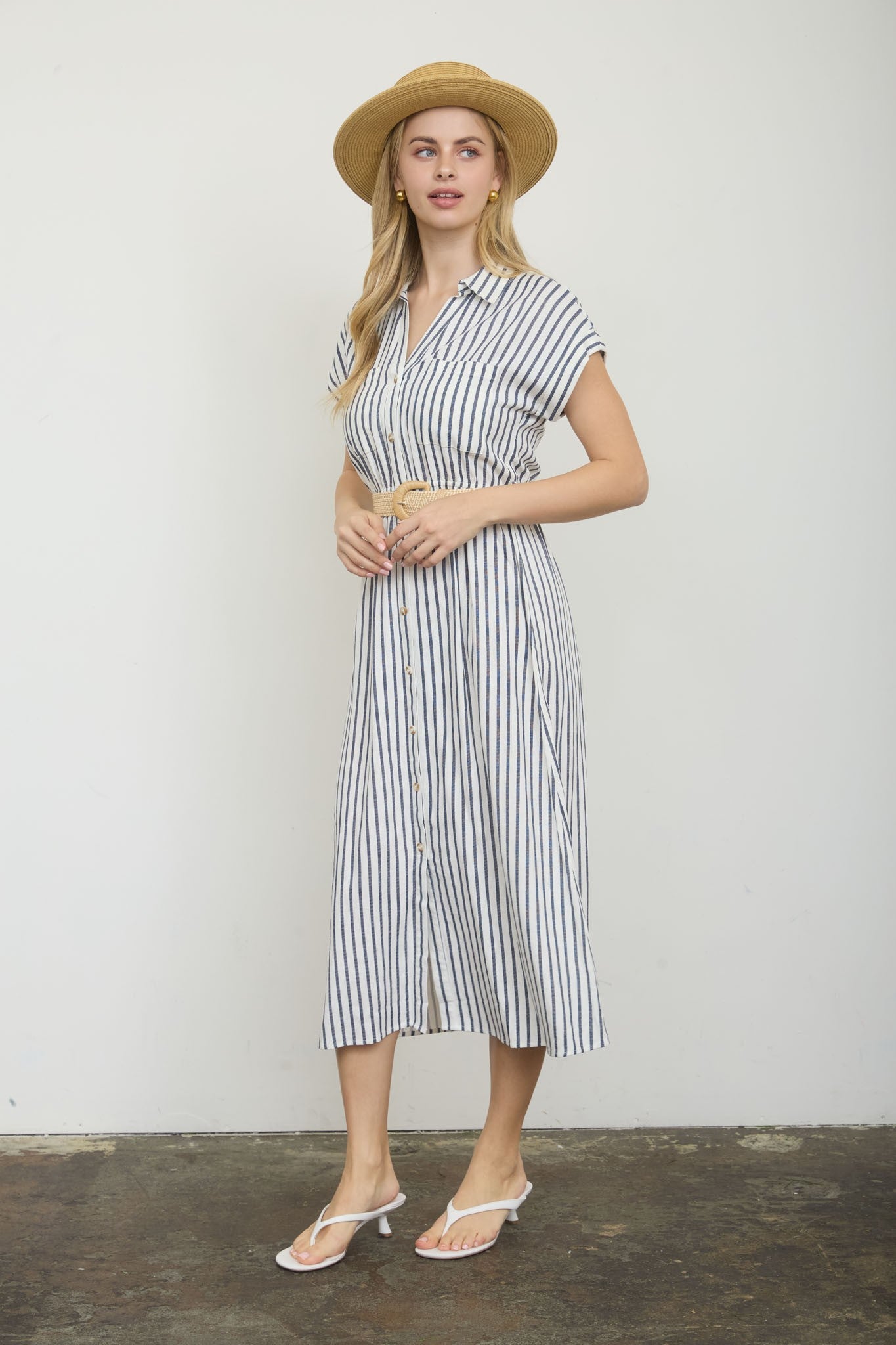Stripe Collared Short Sleeve Belted Shirt Dress