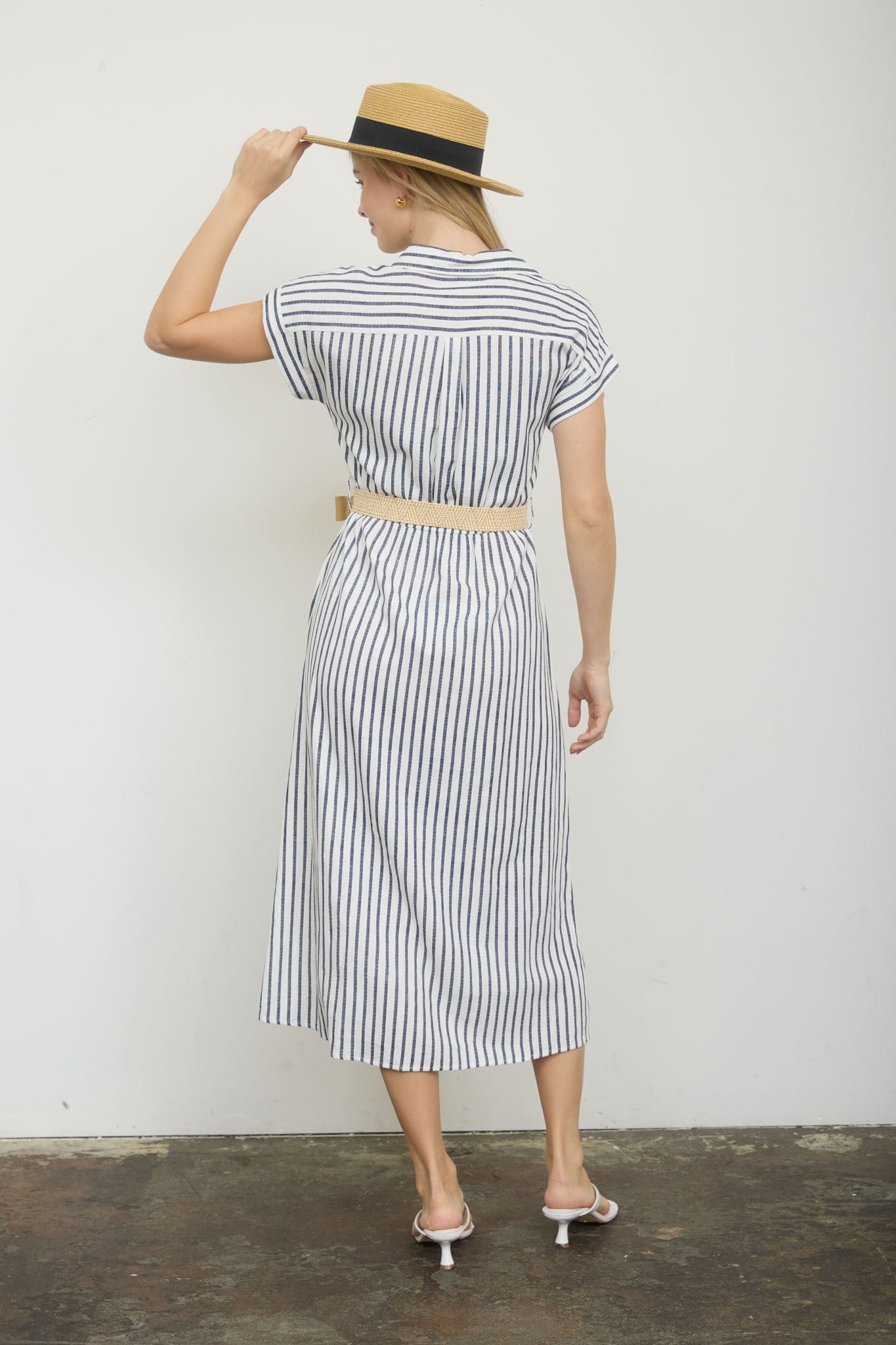 Stripe Collared Short Sleeve Belted Shirt Dress