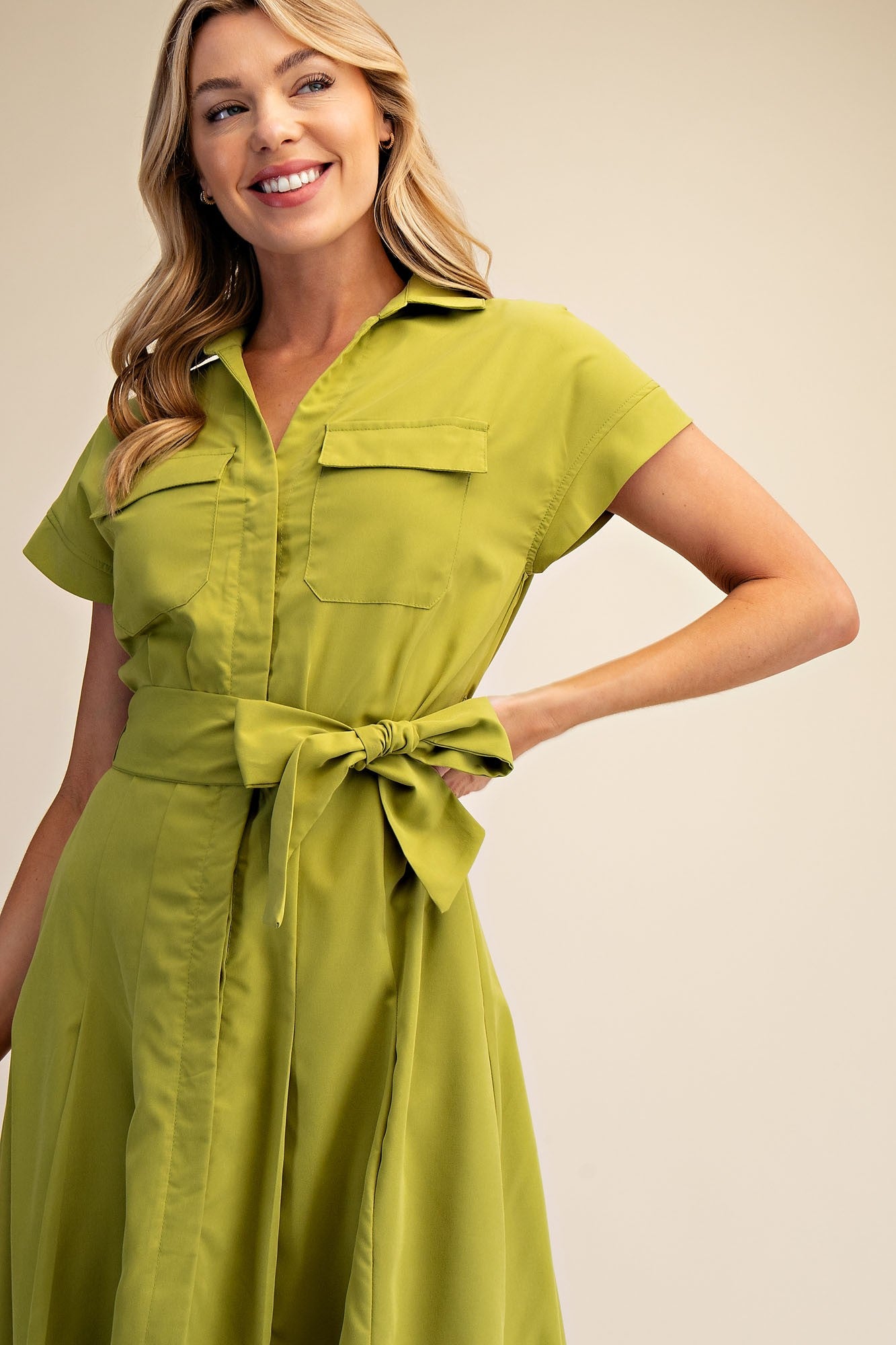 Waist Tie Belt Front Pocket Button Down Midi Dress