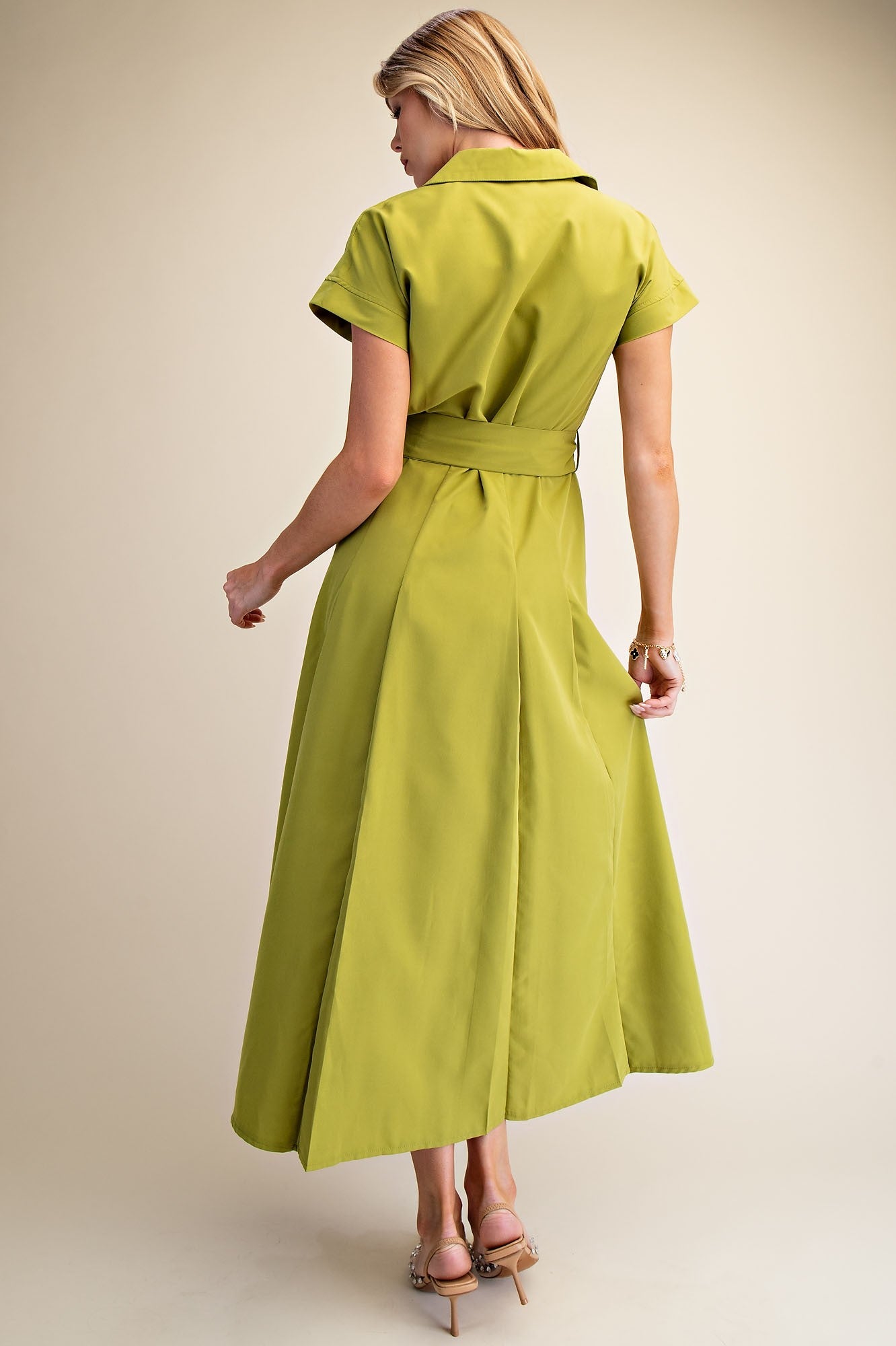 Waist Tie Belt Front Pocket Button Down Midi Dress