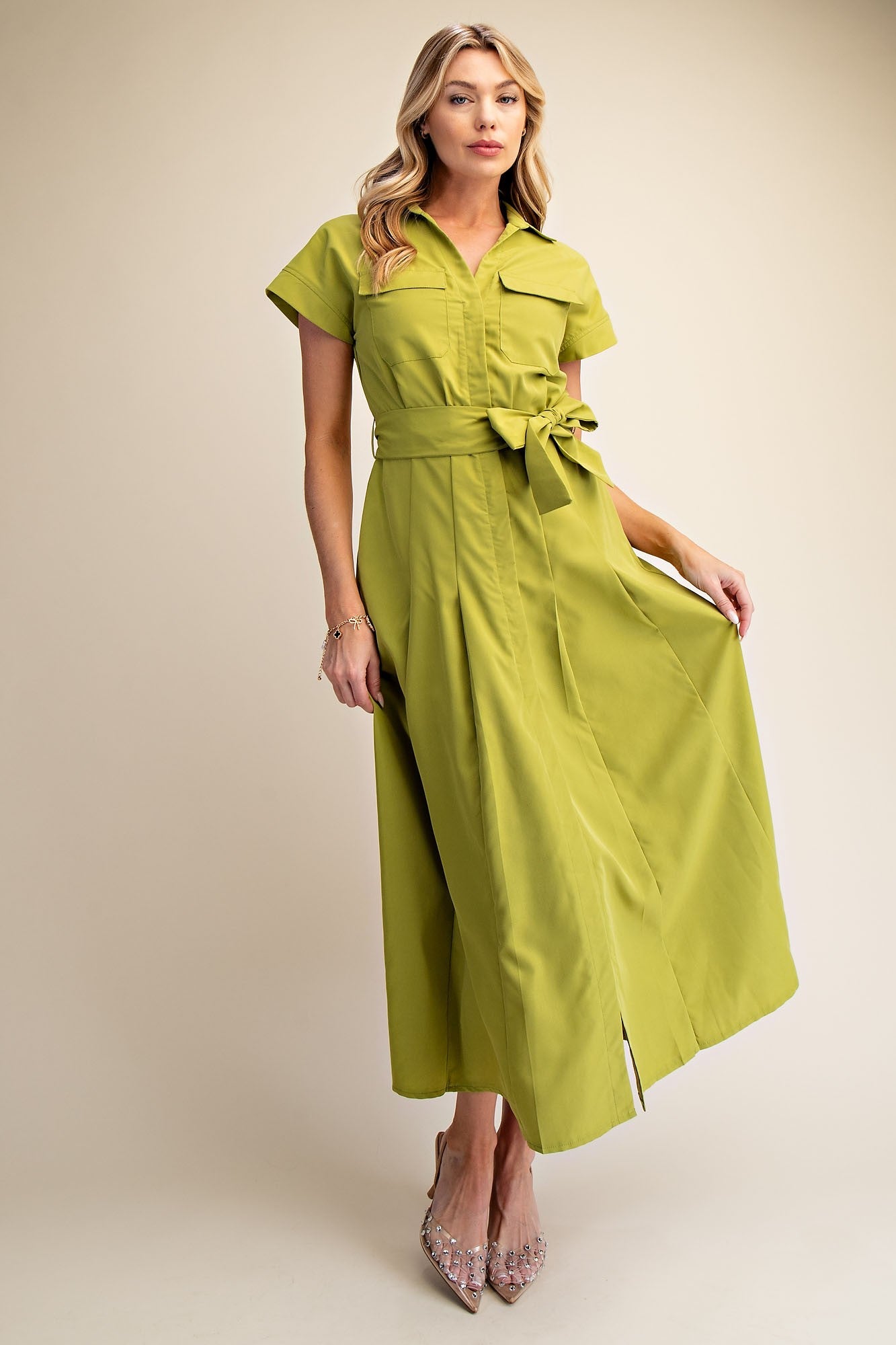 Waist Tie Belt Front Pocket Button Down Midi Dress