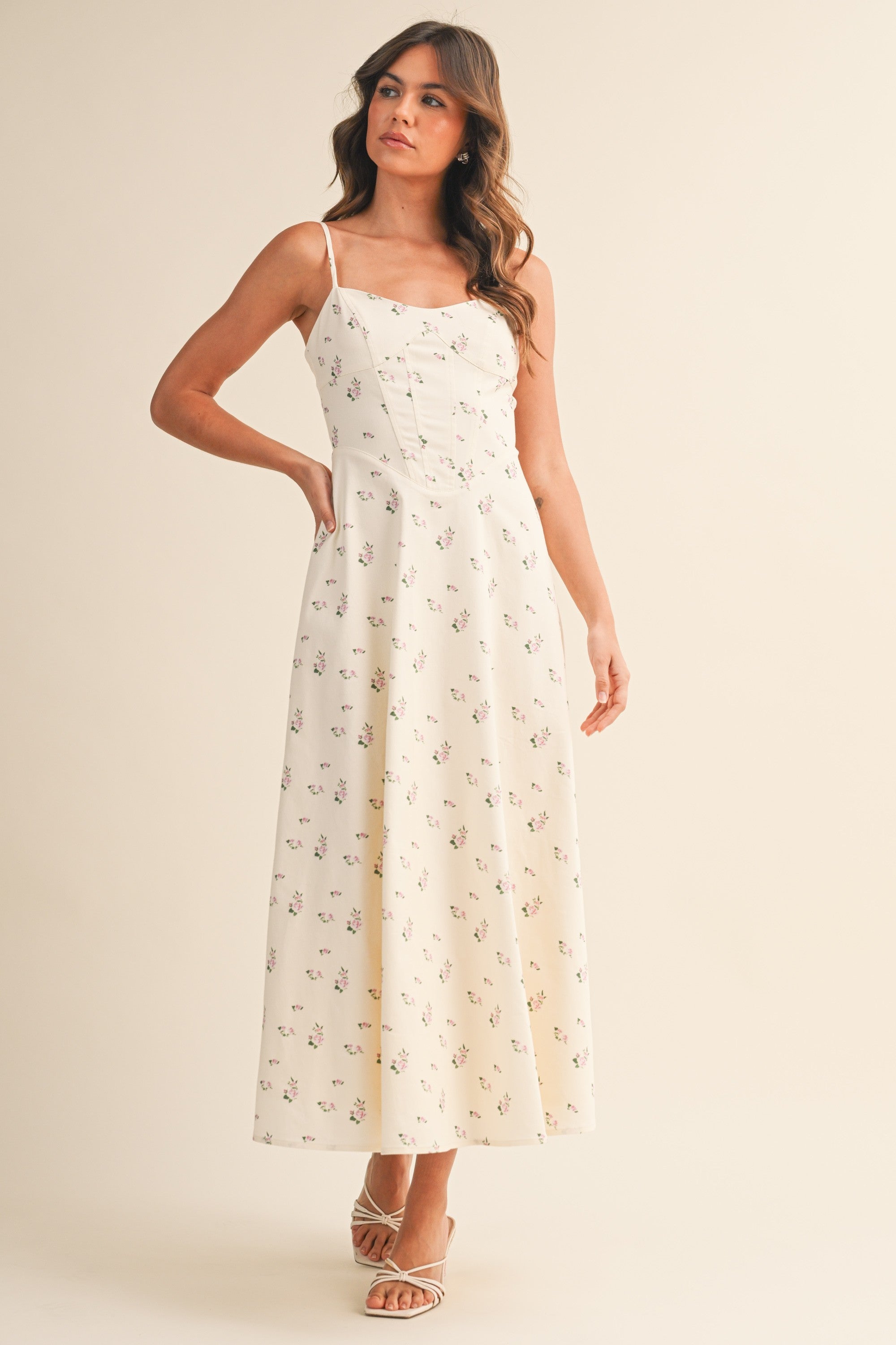 Floral Printed Twill Paneled A Line Midi Dress