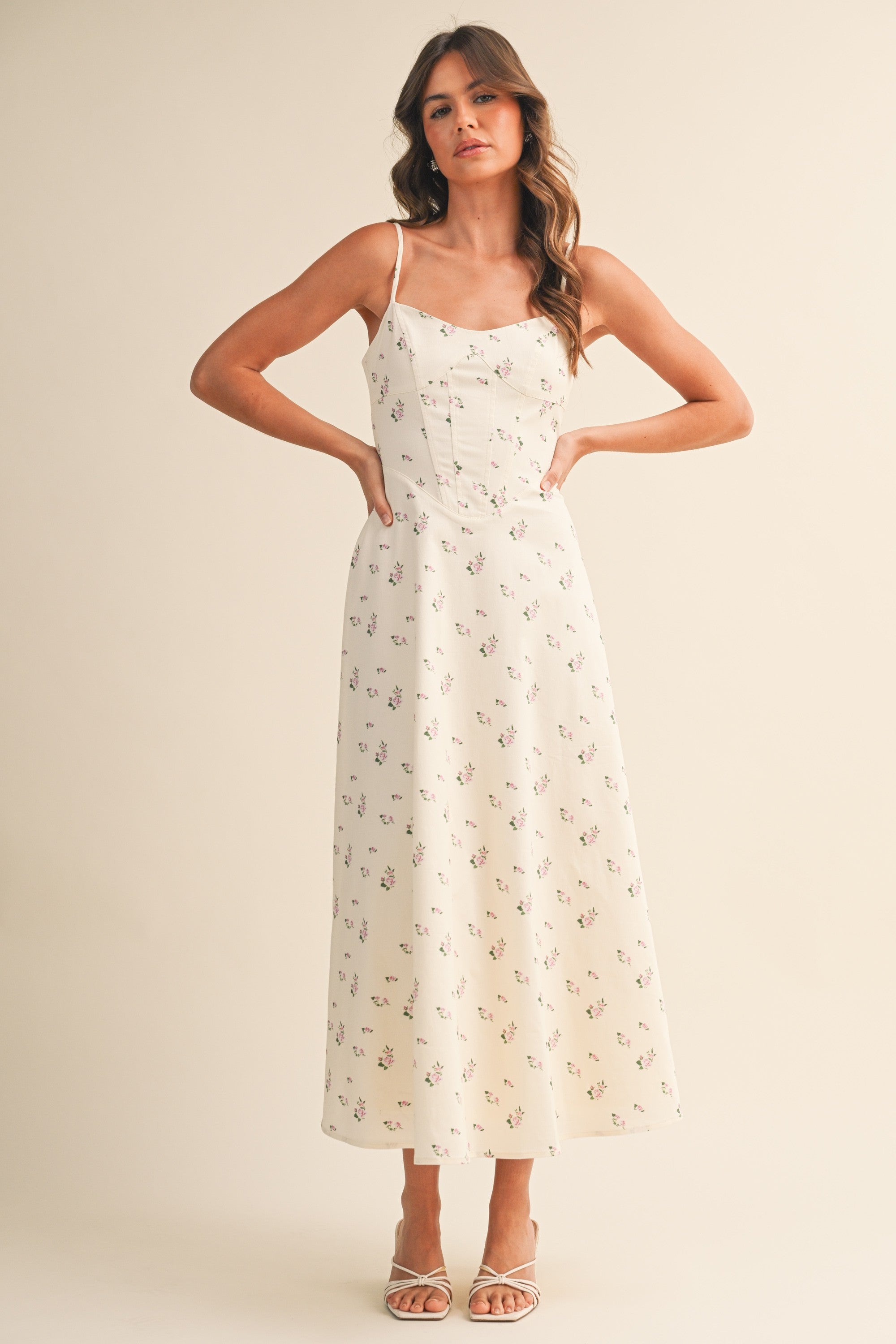 Floral Printed Twill Paneled A Line Midi Dress