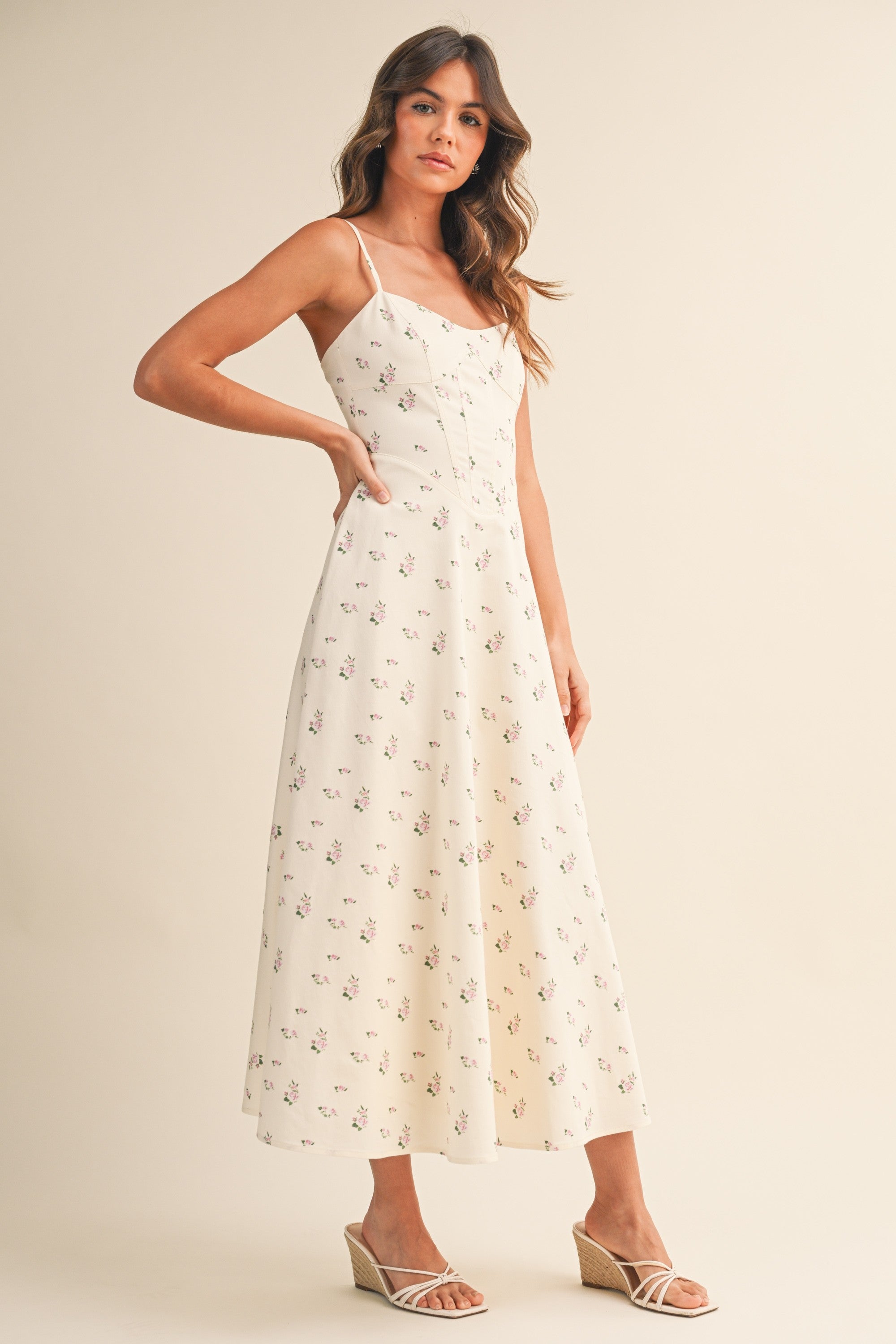 Floral Printed Twill Paneled A Line Midi Dress