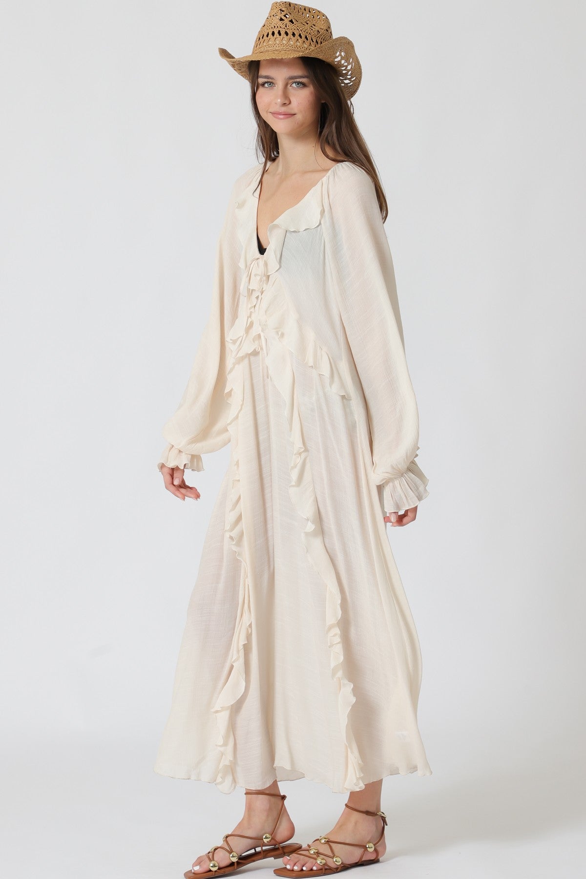 Long Sleeve Ruffle Detail Swiming Coverup