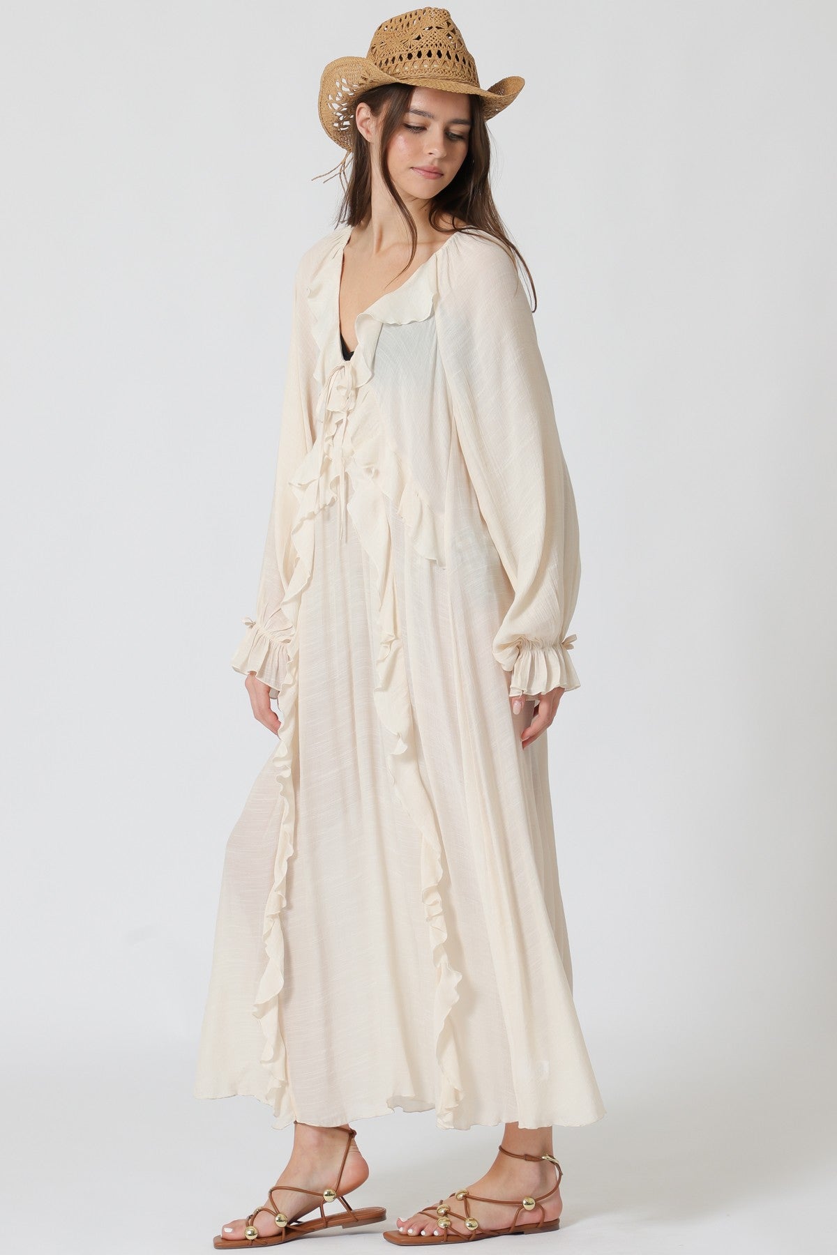 Long Sleeve Ruffle Detail Swiming Coverup
