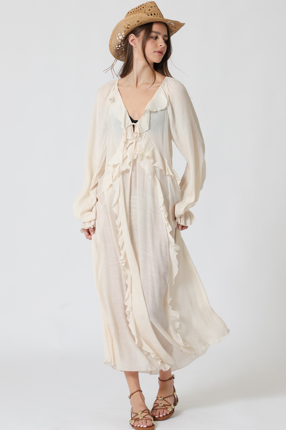 Long Sleeve Ruffle Detail Swiming Coverup