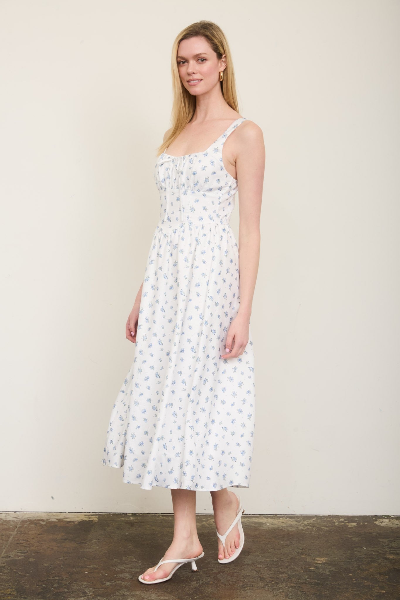 Floral Sleeveless Front Tie Corset Midi Dress