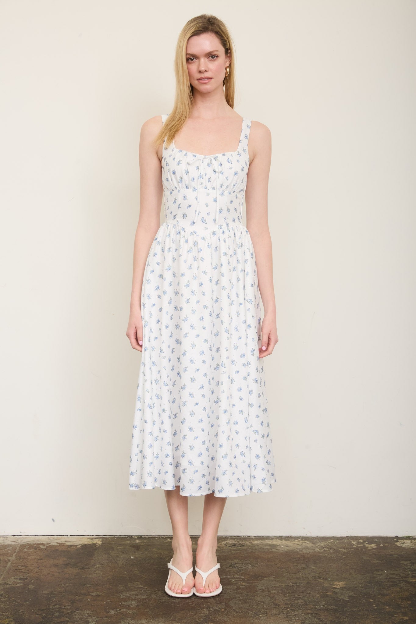 Floral Sleeveless Front Tie Corset Midi Dress