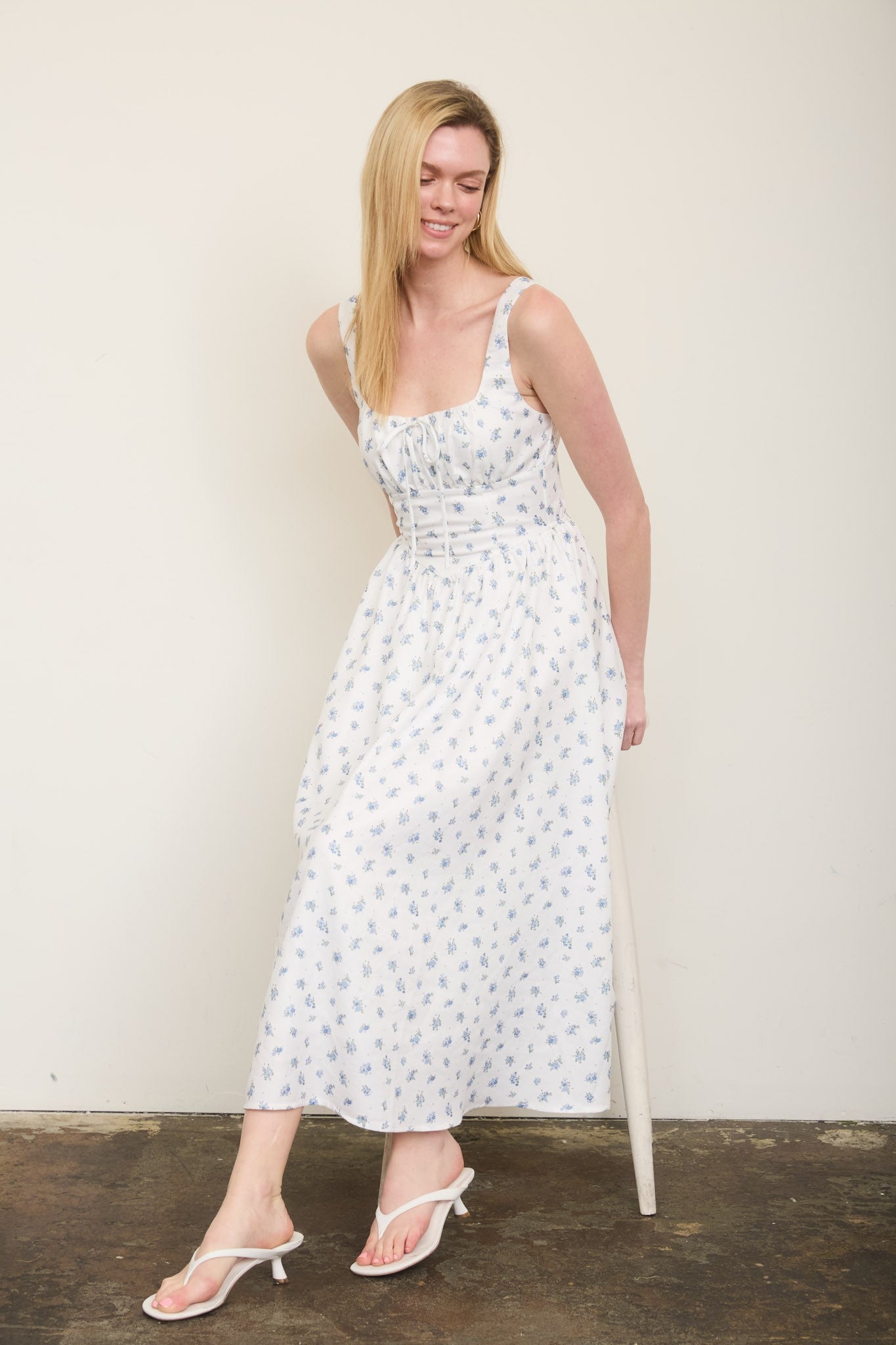 Floral Sleeveless Front Tie Corset Midi Dress