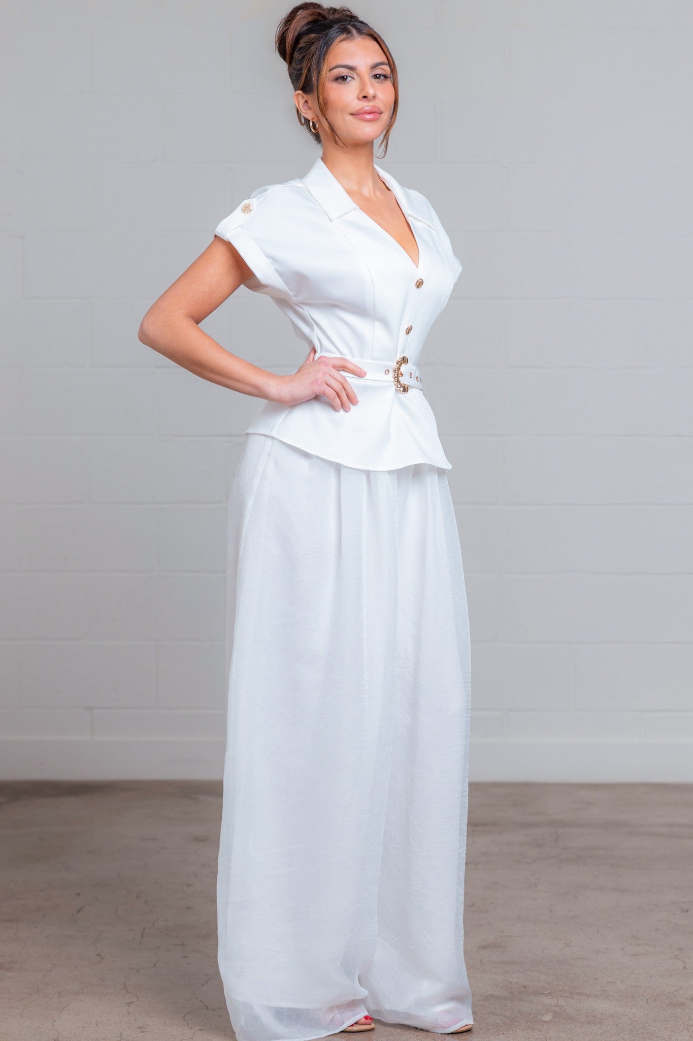 Solid V-neck Sheer Jumpsuit