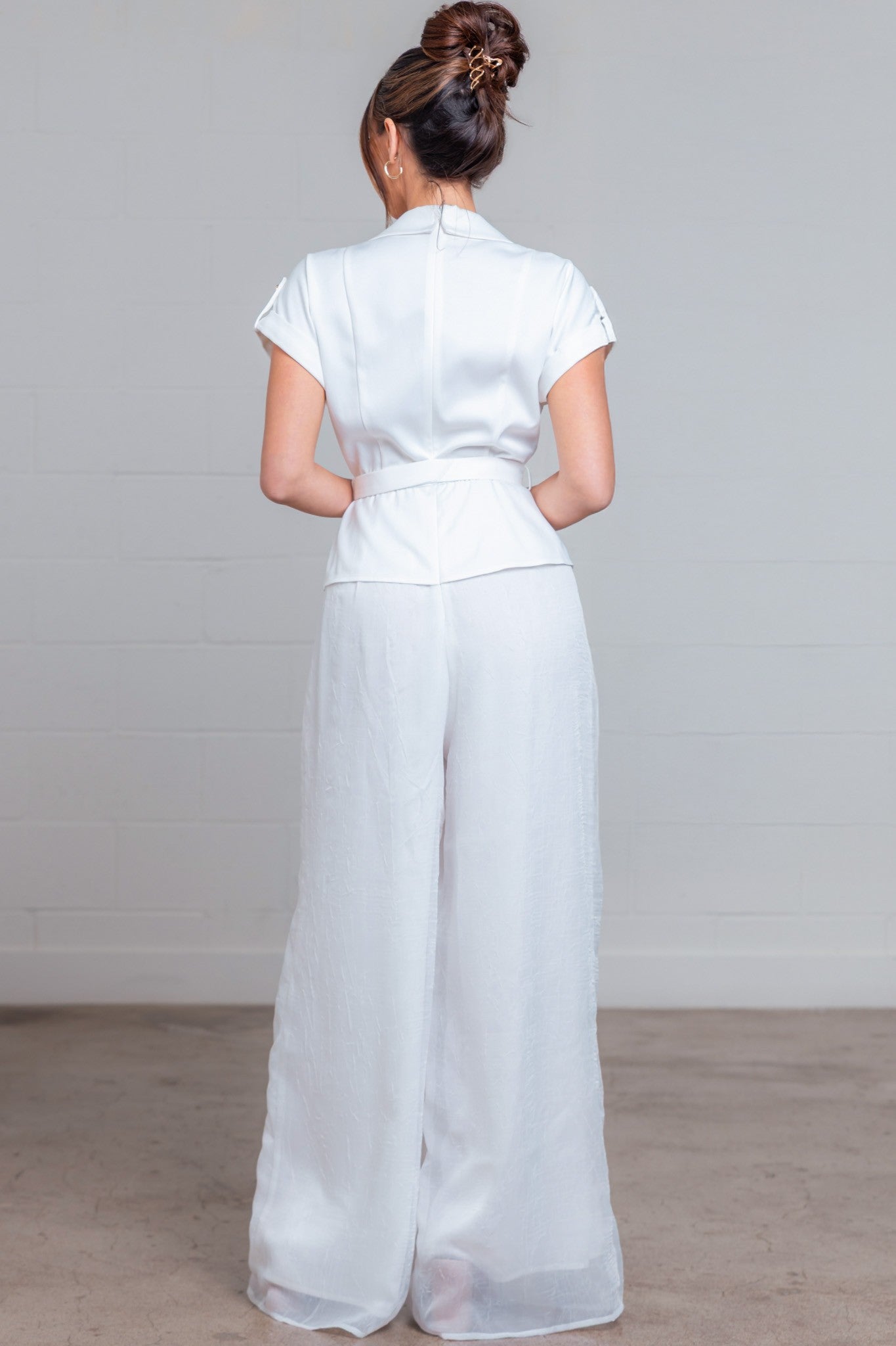 Solid V-neck Sheer Jumpsuit