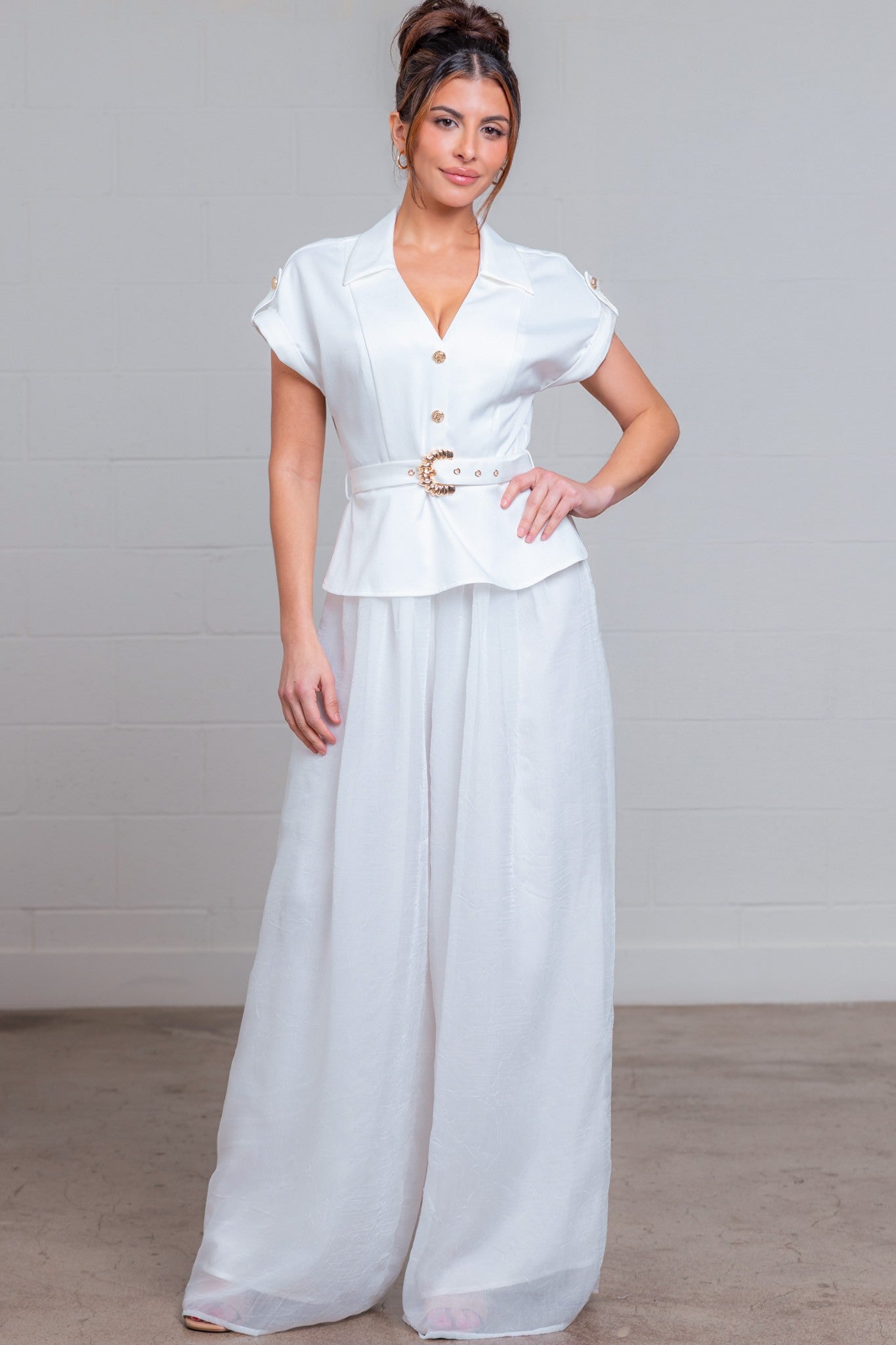 Solid V-neck Sheer Jumpsuit