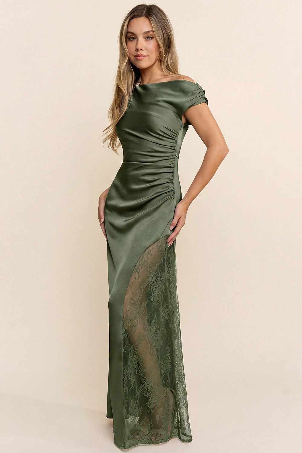 Asymmetrical Shirring Lace Detail Satin Maxi