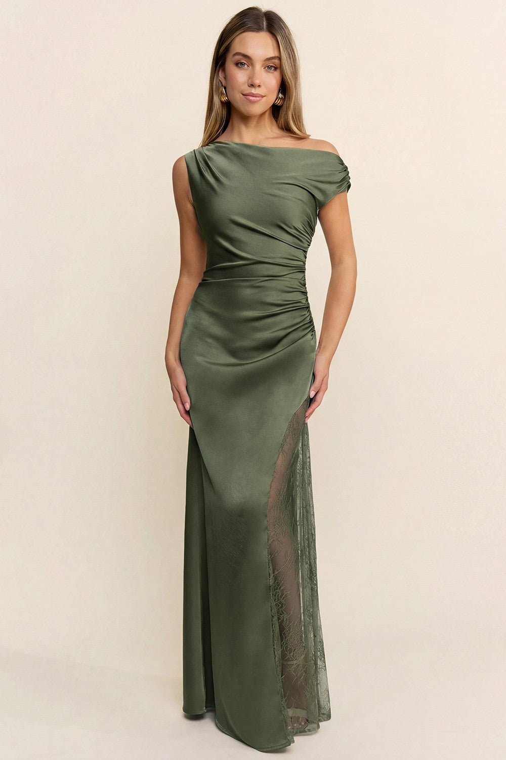 Asymmetrical Shirring Lace Detail Satin Maxi