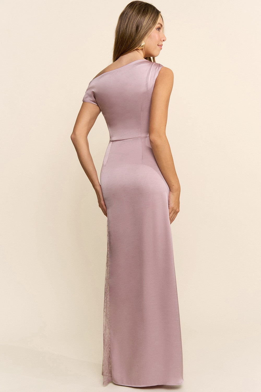 Asymmetrical Shirring Lace Detail Satin Maxi