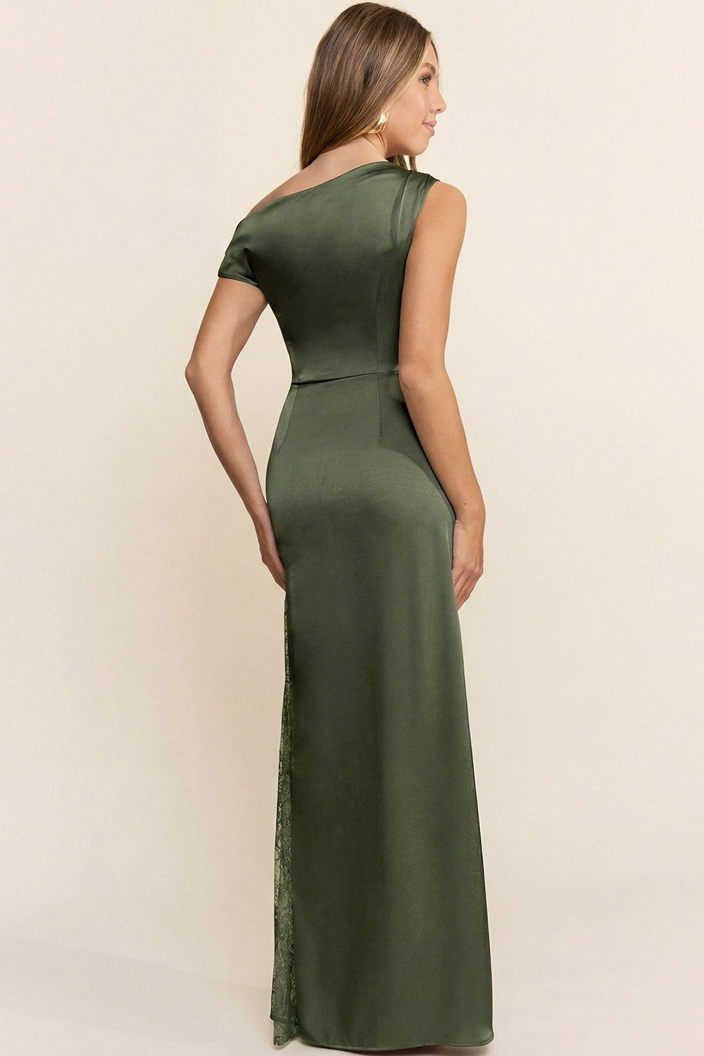 Asymmetrical Shirring Lace Detail Satin Maxi