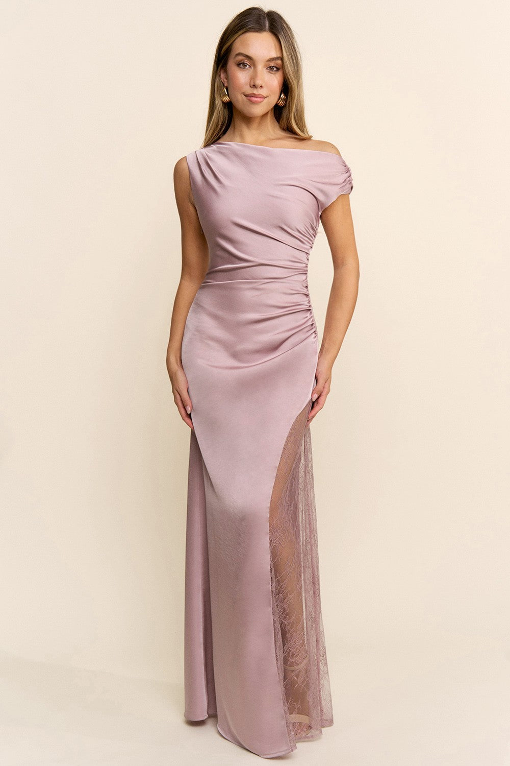 Asymmetrical Shirring Lace Detail Satin Maxi