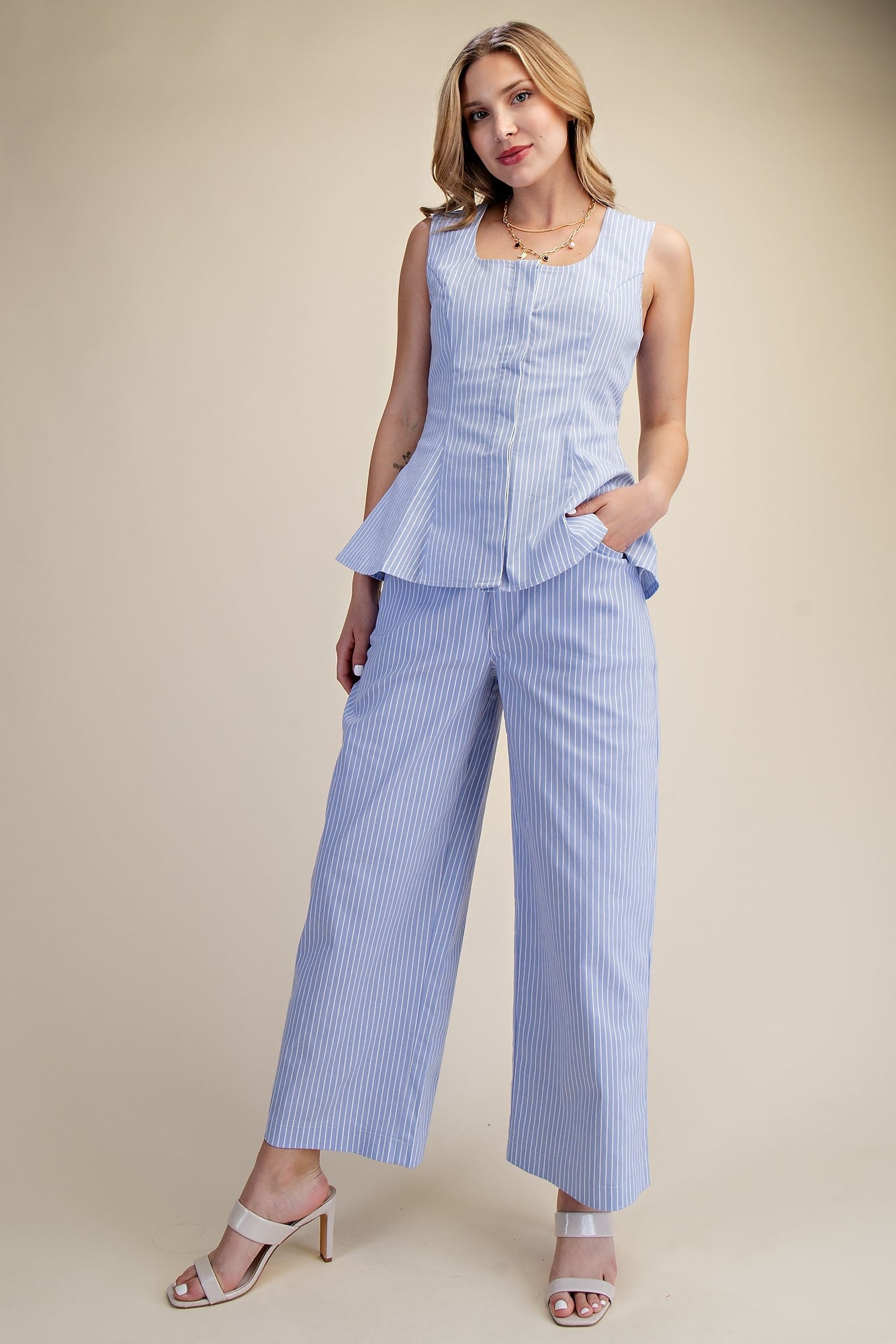 Scoop Neck Hidden Button Stripe Peplum Top and Pant Set