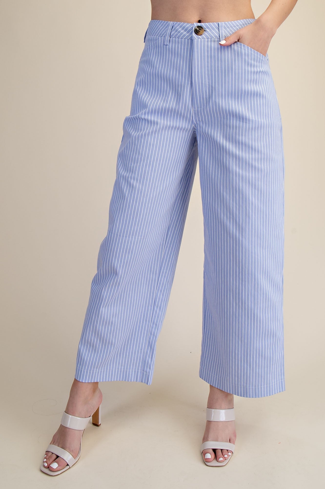 Scoop Neck Hidden Button Stripe Peplum Top and Pant Set