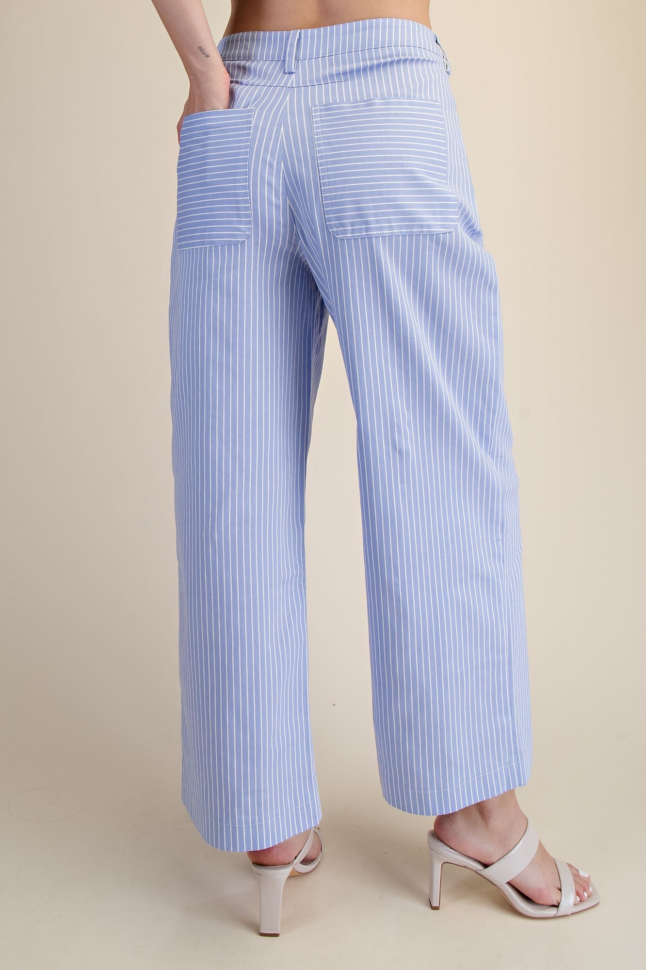 Scoop Neck Hidden Button Stripe Peplum Top and Pant Set