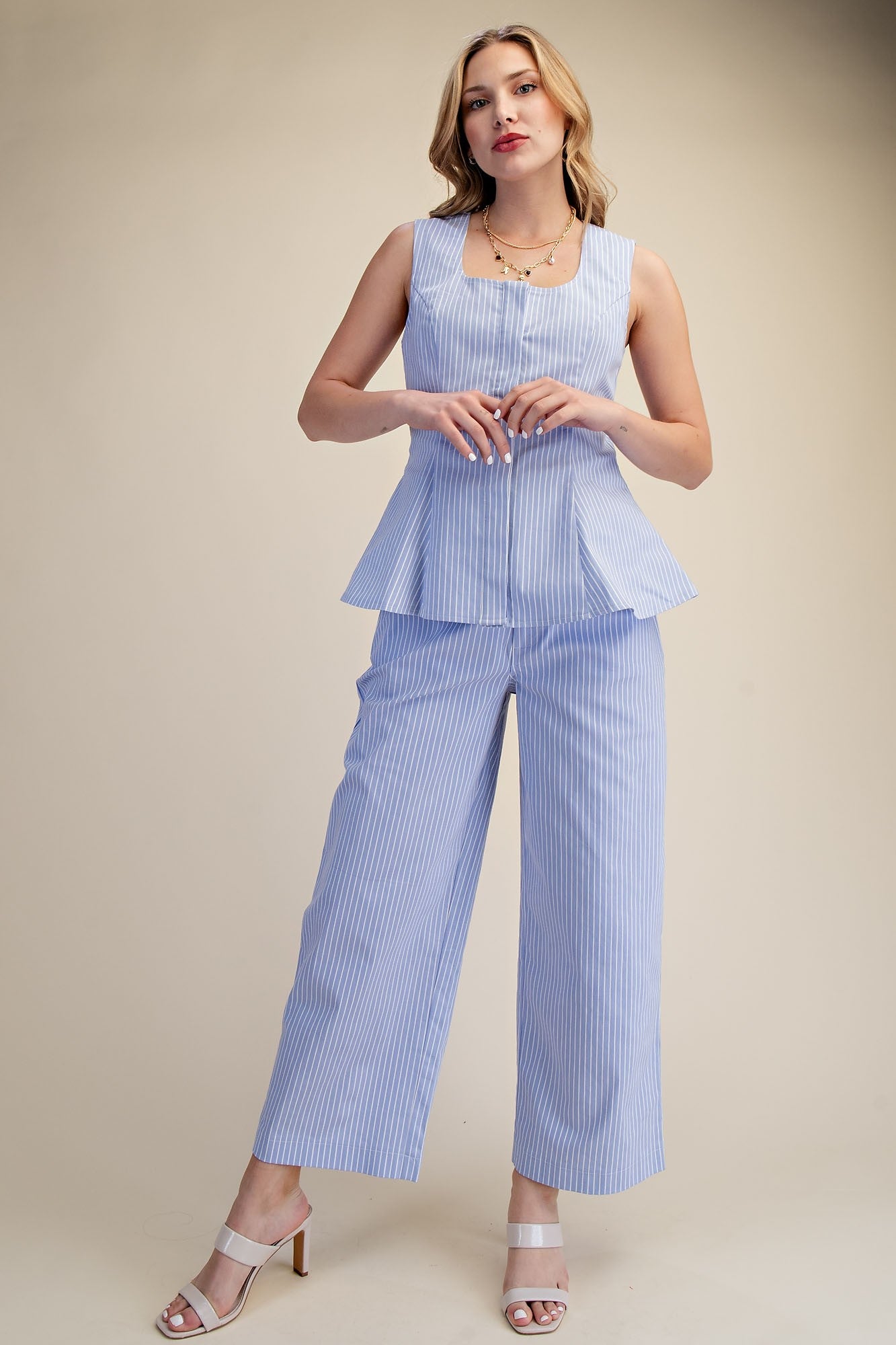 Scoop Neck Hidden Button Stripe Peplum Top and Pant Set