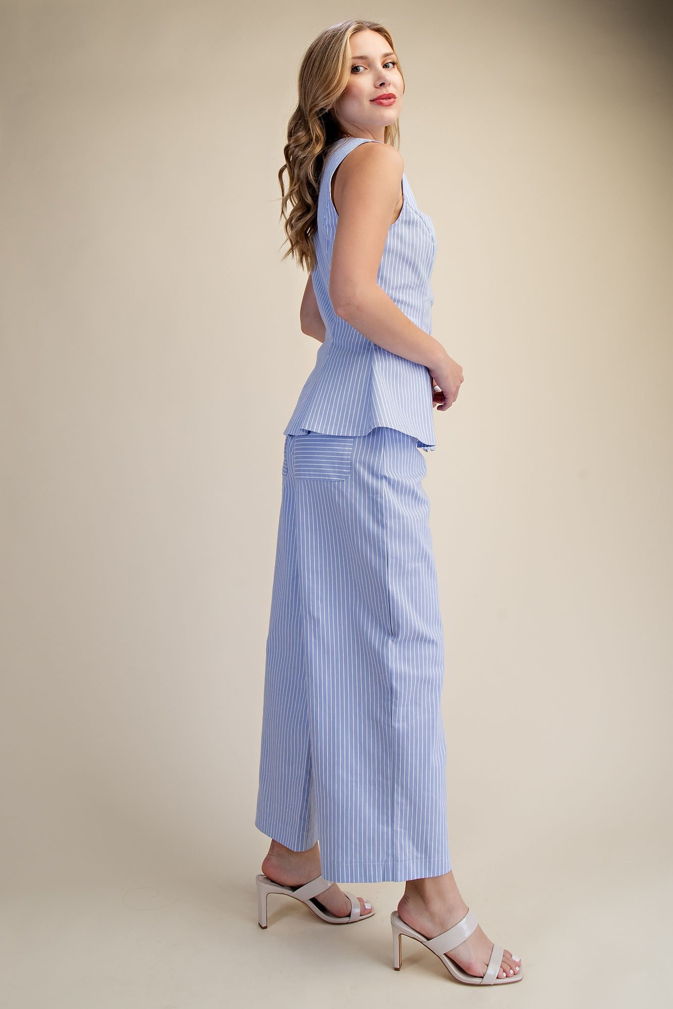 Scoop Neck Hidden Button Stripe Peplum Top and Pant Set