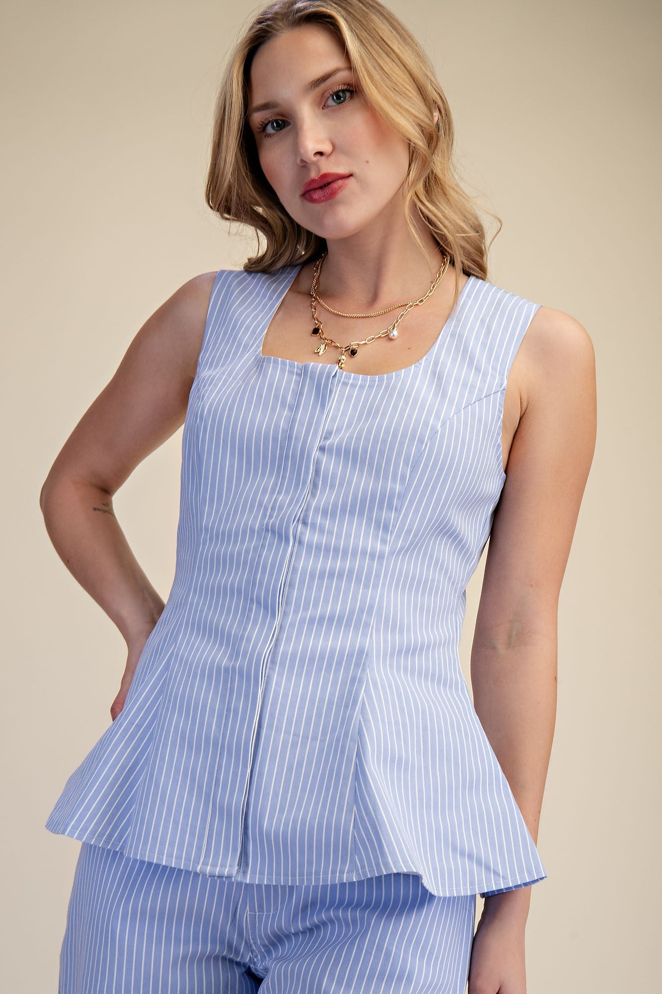 Scoop Neck Hidden Button Stripe Peplum Top and Pant Set