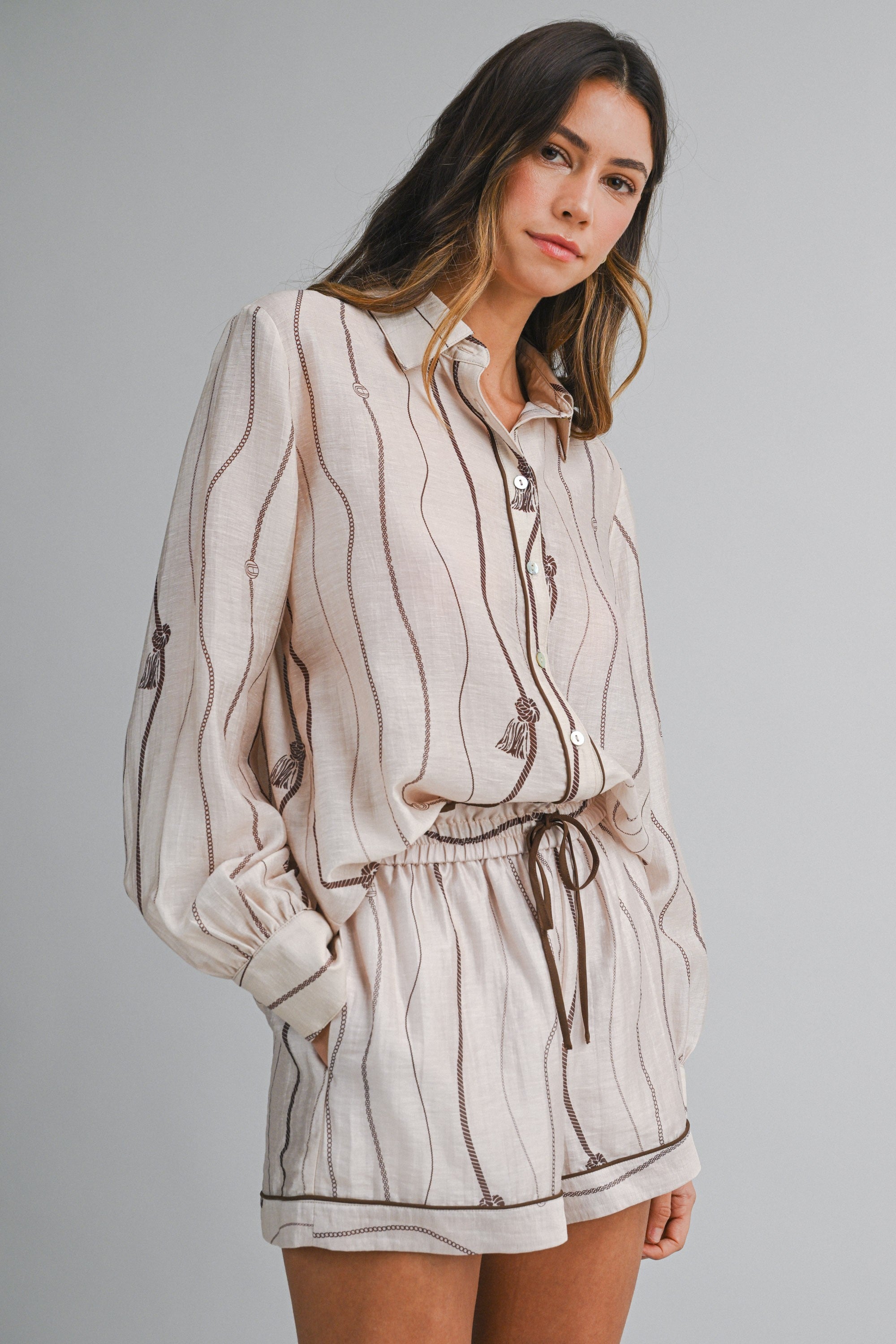Wavy Stripped Button Down Blouse & Shorts Set