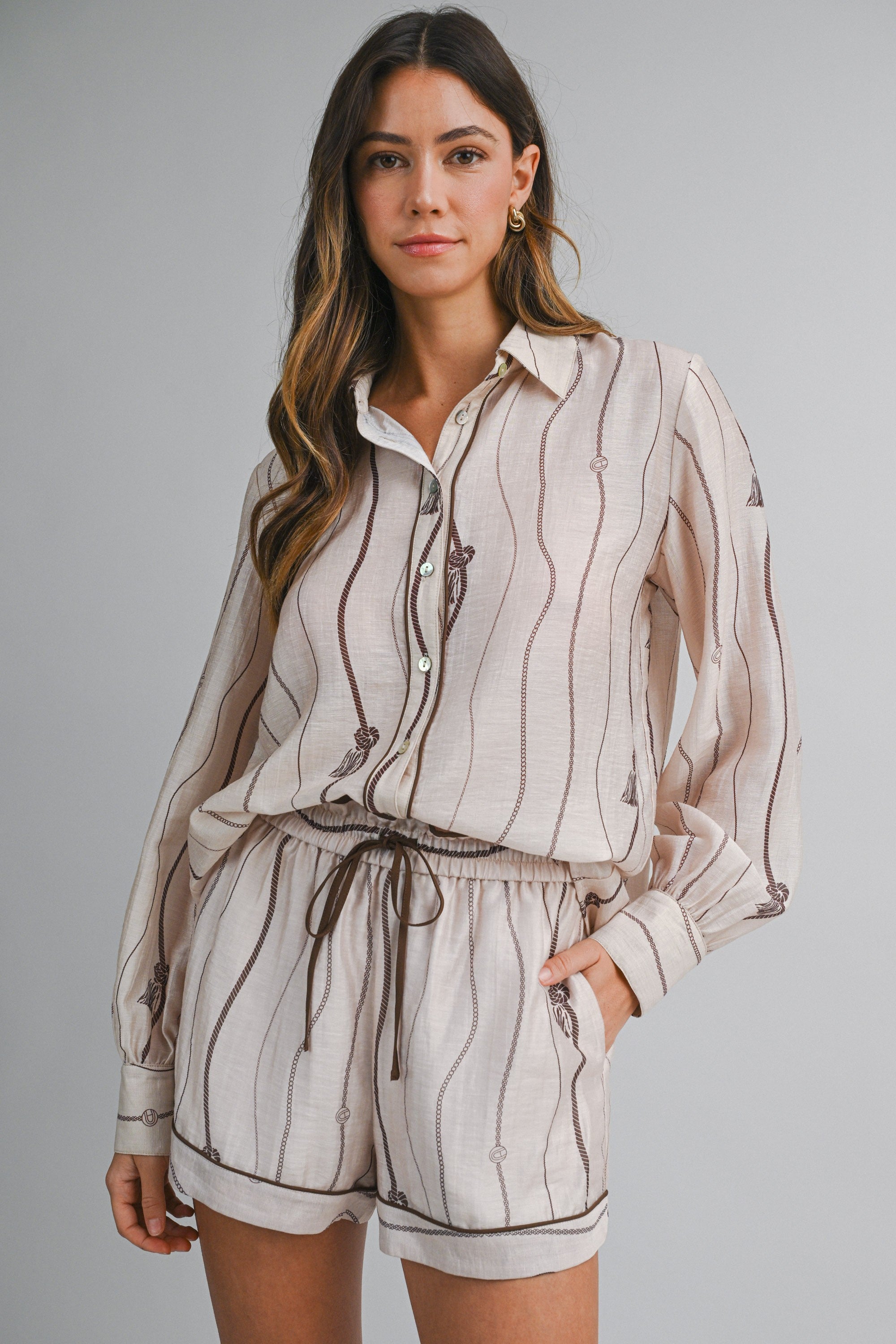 Wavy Stripped Button Down Blouse & Shorts Set